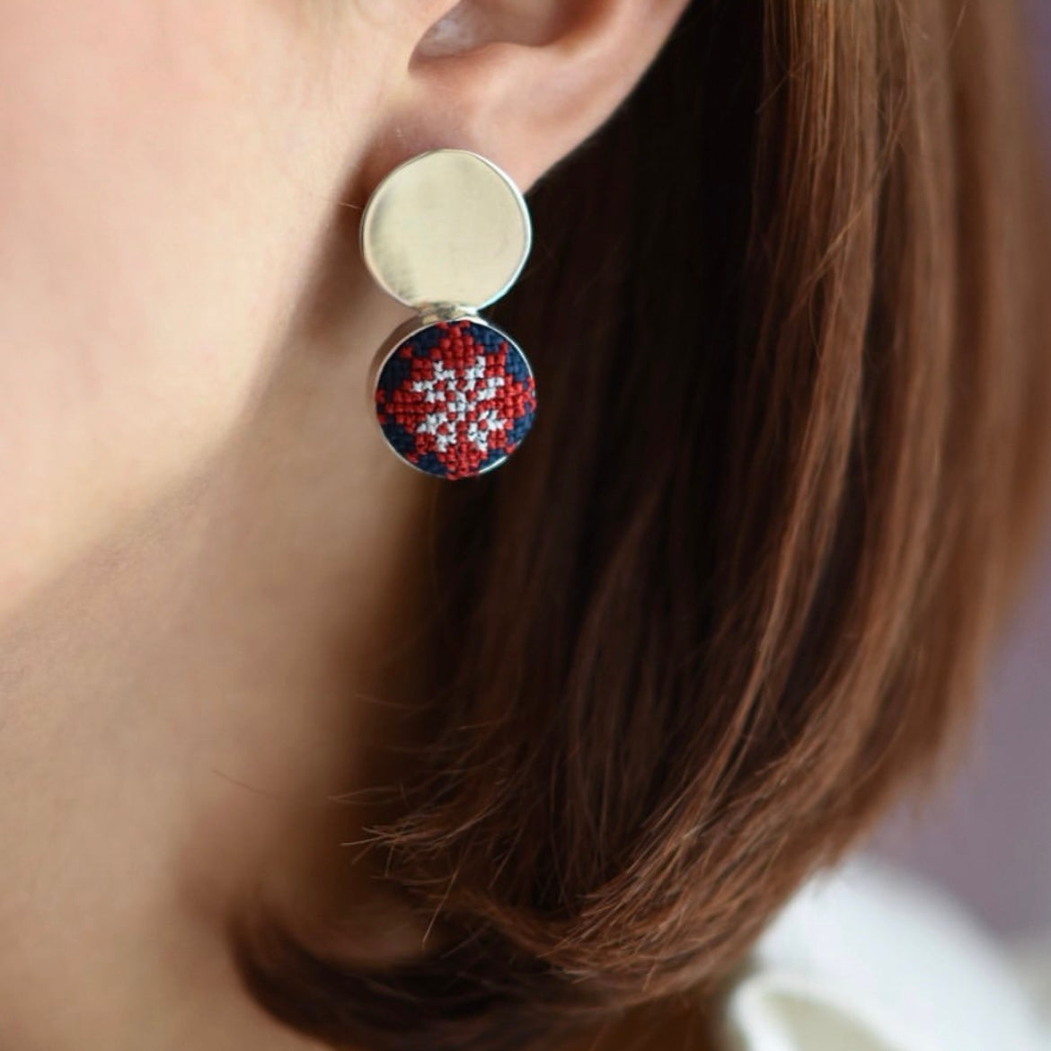 Handmade Silver Stud Earrings with Embroidery