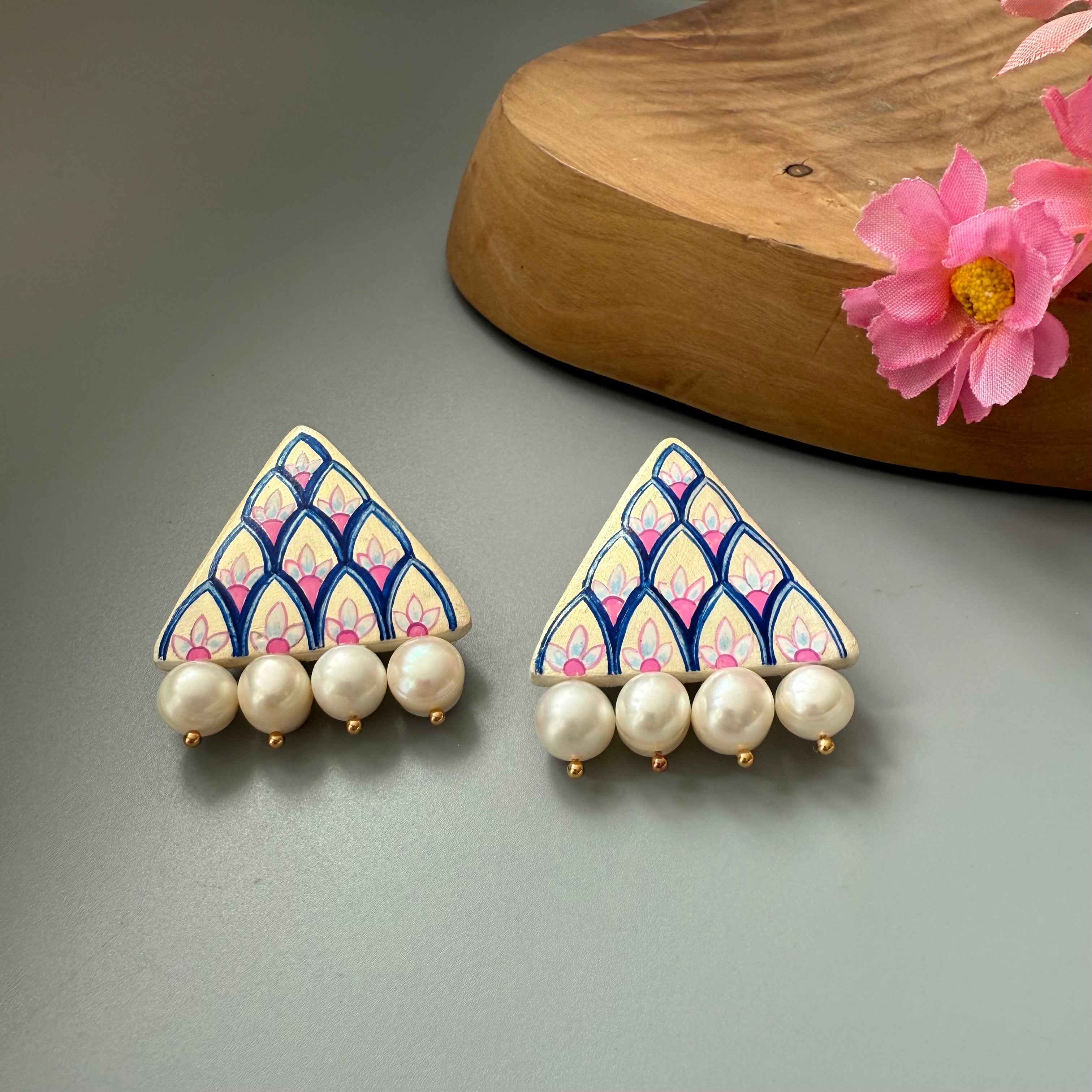 Stud Rectangular Clay Earrings with Hand Painting