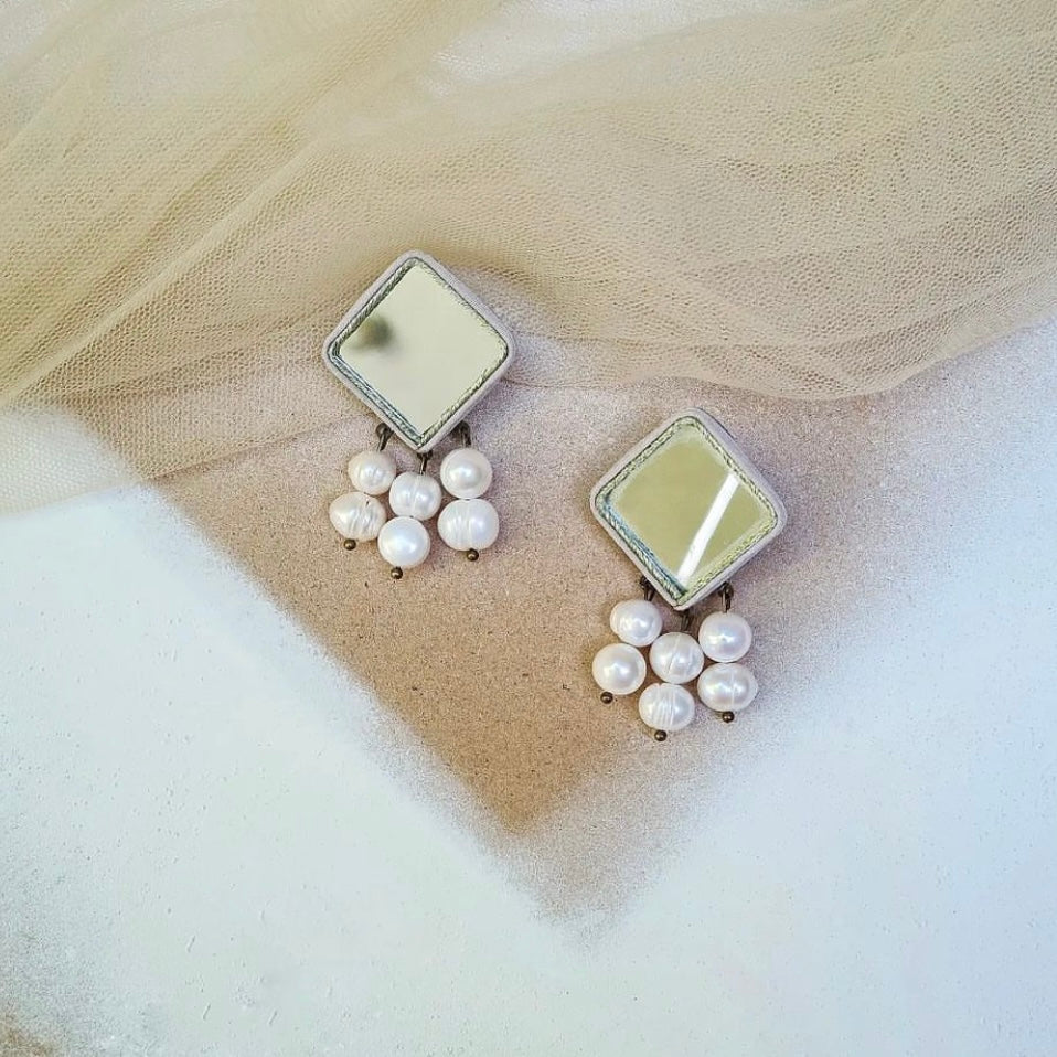 Mirror Mosaic Earrings with Silk Frame and Pearls