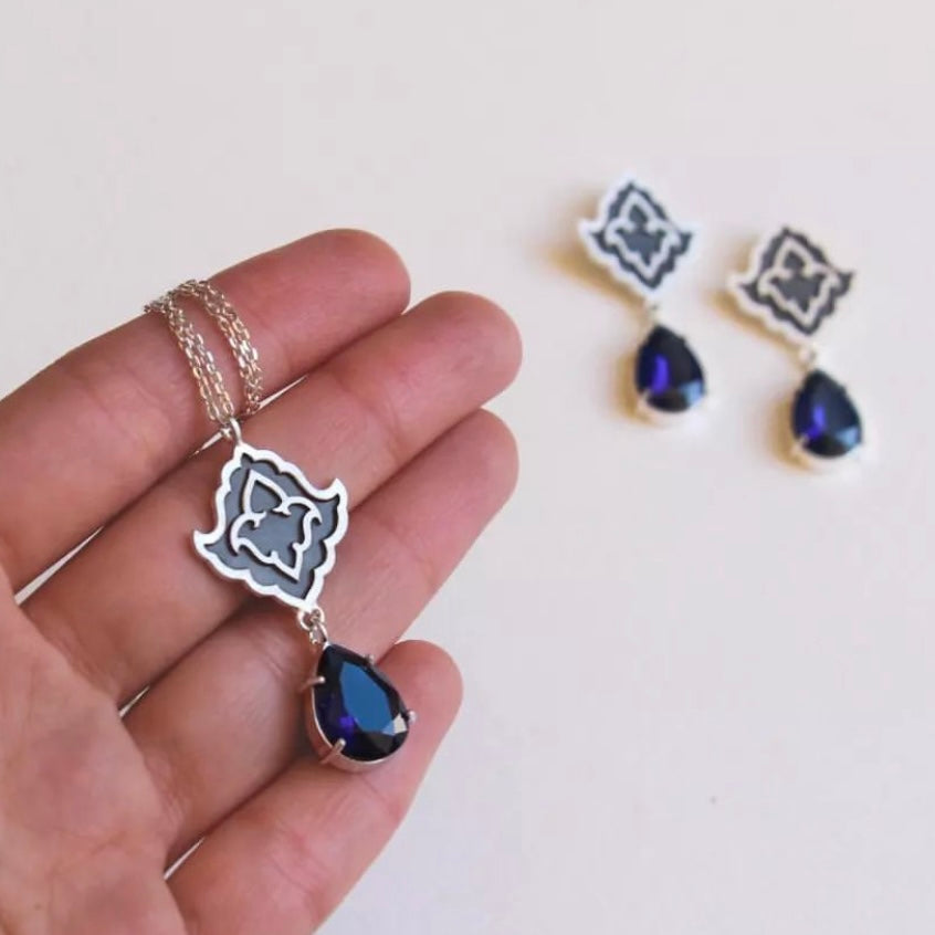 Handmade Silver Necklace with Dark Blue Crystal and Persian Motif