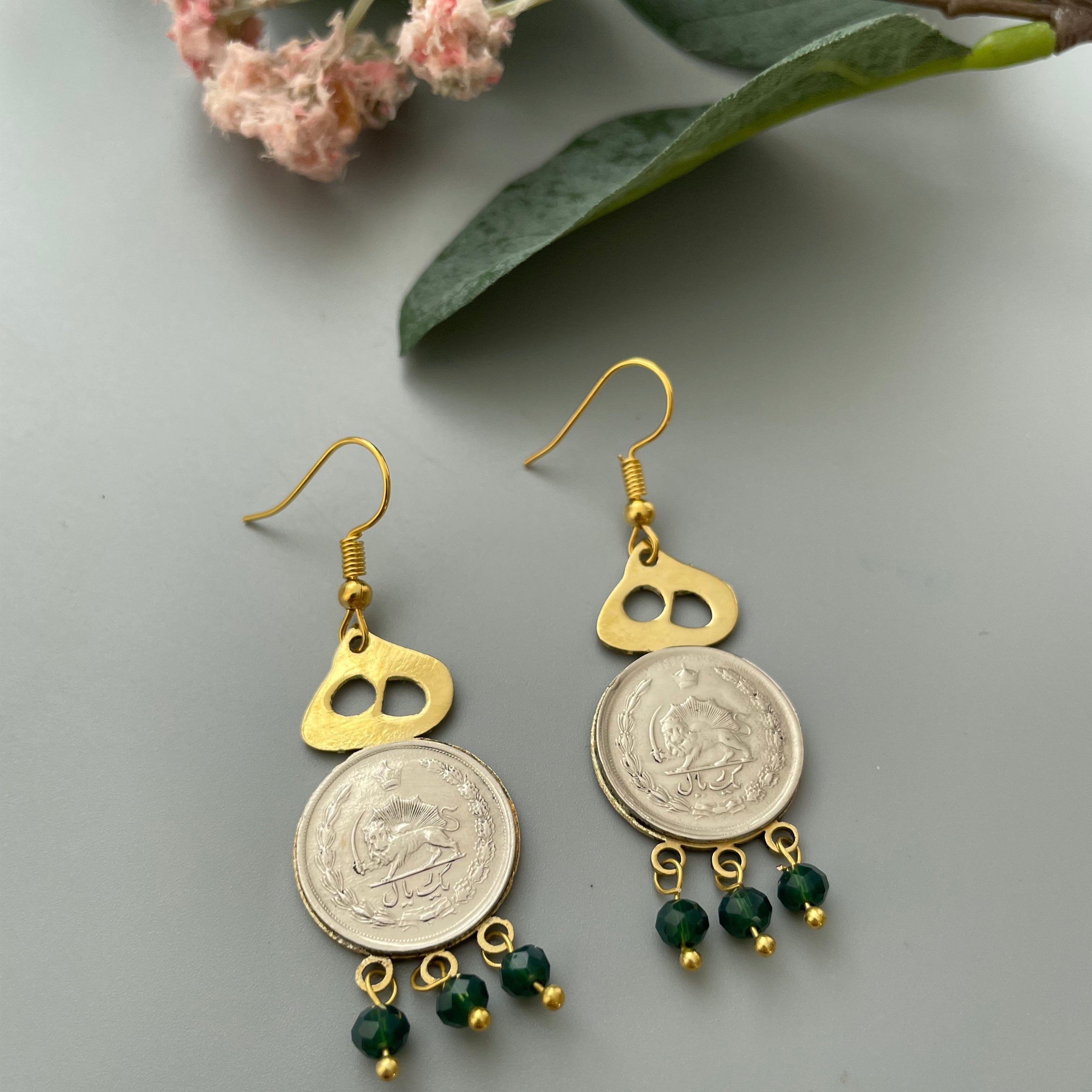 Persian Earrings Handmade Brass Dangle Earrings Persian Calligraphy and Coin:Persian Jewelry-AFRA ART GALLERY