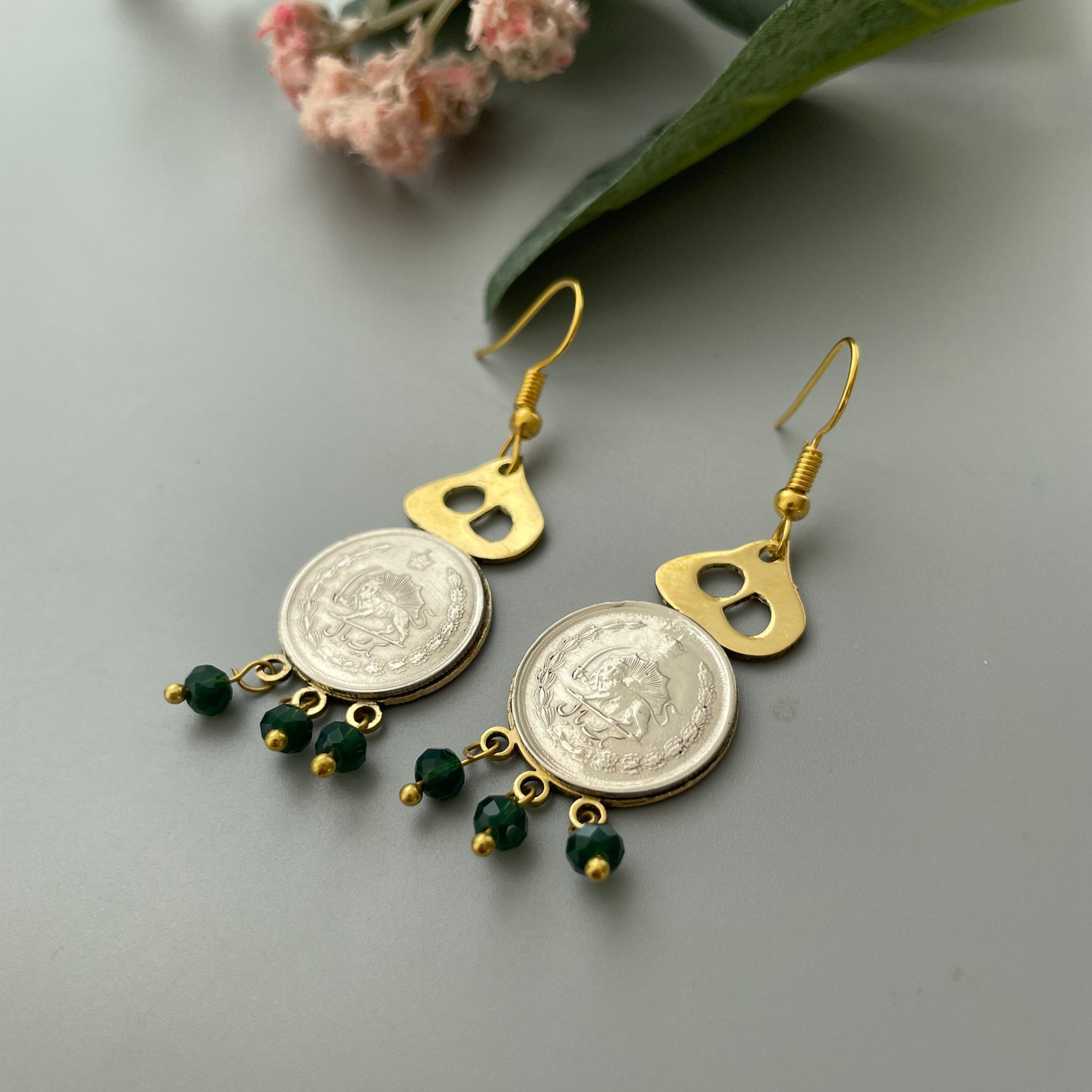 Persian Earrings Handmade Brass Dangle Earrings Persian Calligraphy and Coin:Persian Jewelry-AFRA ART GALLERY