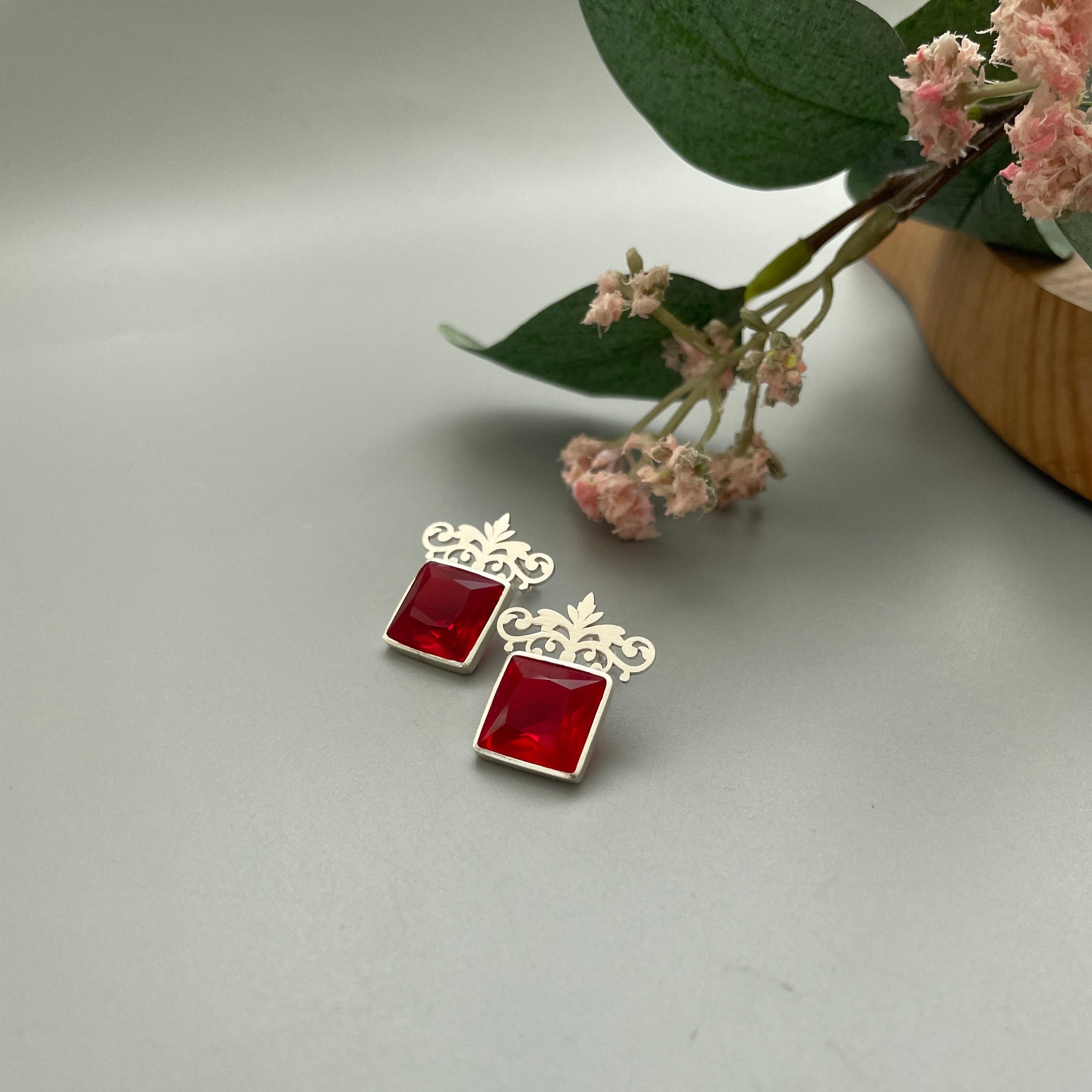 Persian Earrings Silver Stud Earrings with Shiny Red Crystal:Persian Jewelry-AFRA ART GALLERY