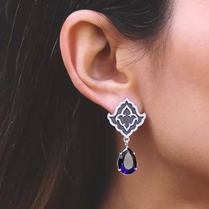 Handmade Silver Earrings with Dark Blue Crystal and Persian Motif