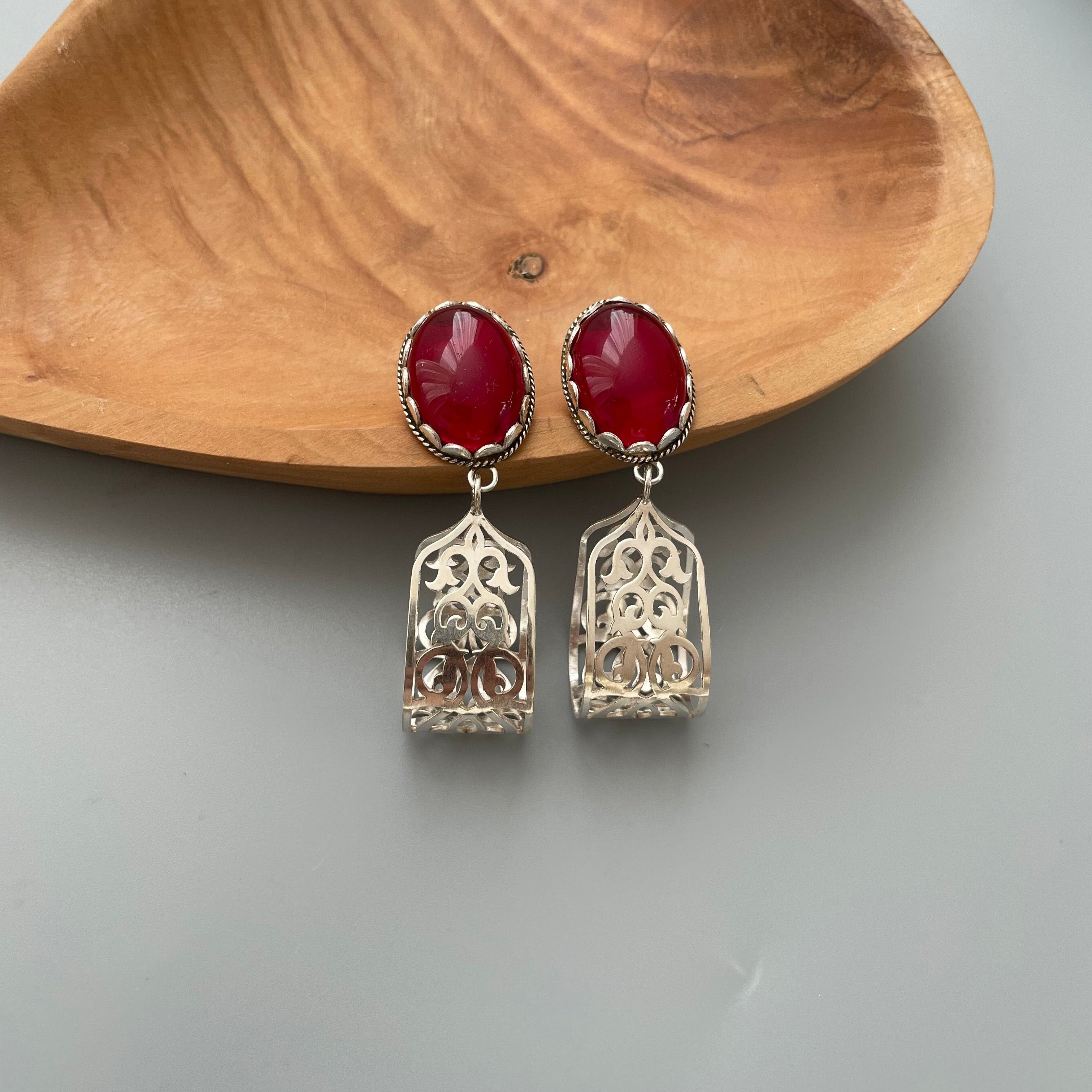 Persian Earrings Handmade Silver Earrings with Persian Pattern and Red Crystal:Persian Jewelry-AFRA ART GALLERY