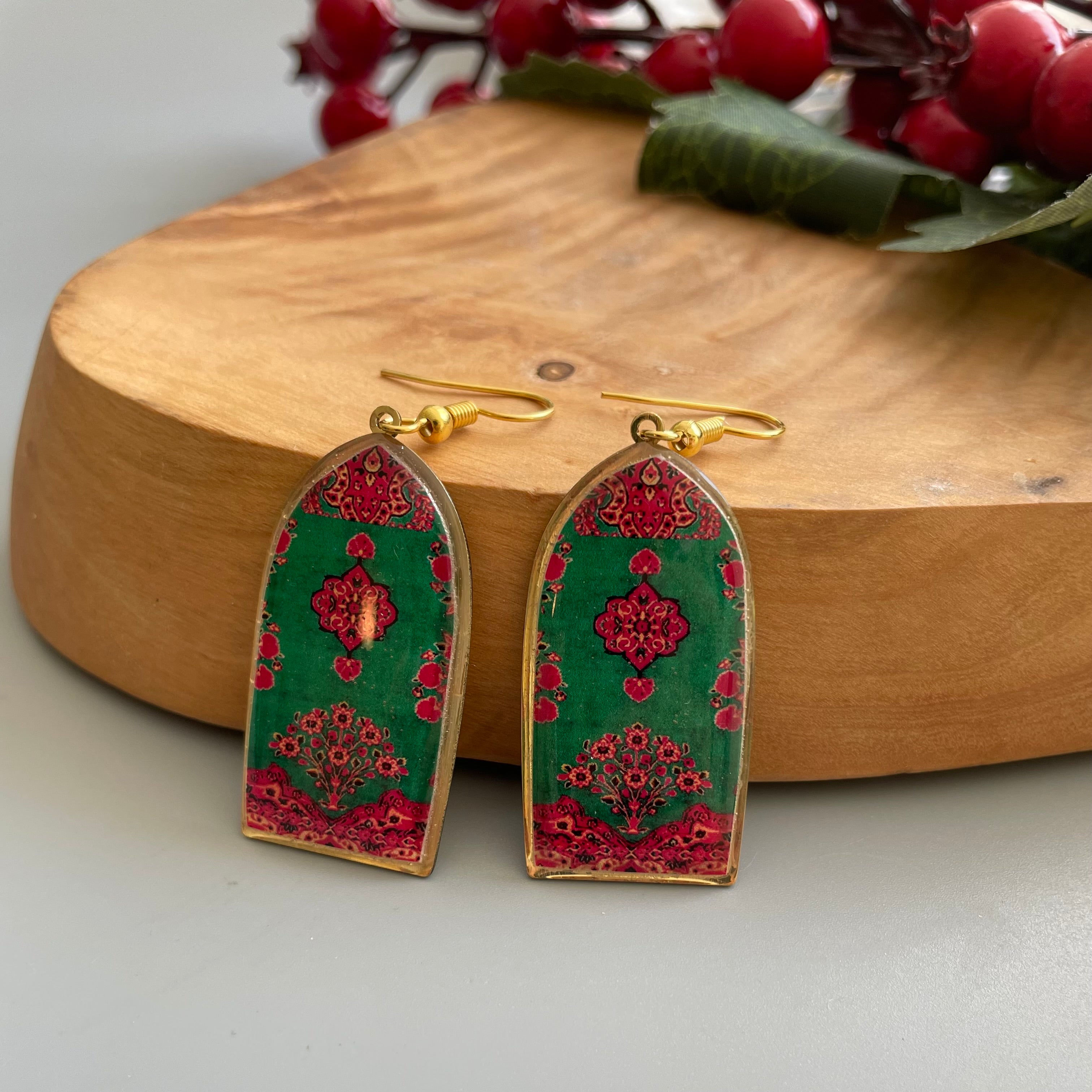 Persian Earrings with Colorful Traditional Pattern in Red and Green