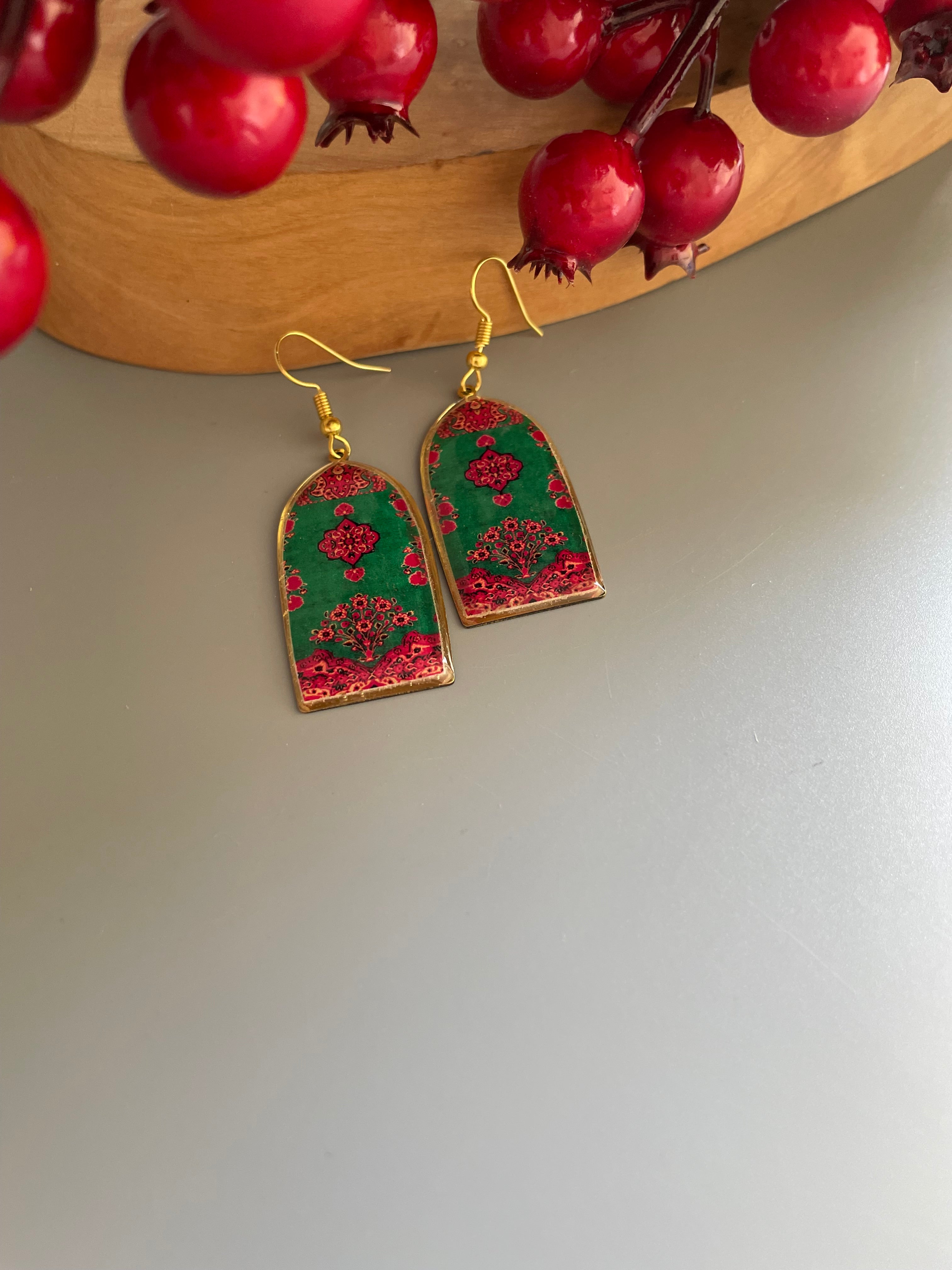 Persian Earrings with Colorful Traditional Pattern in Red and Green