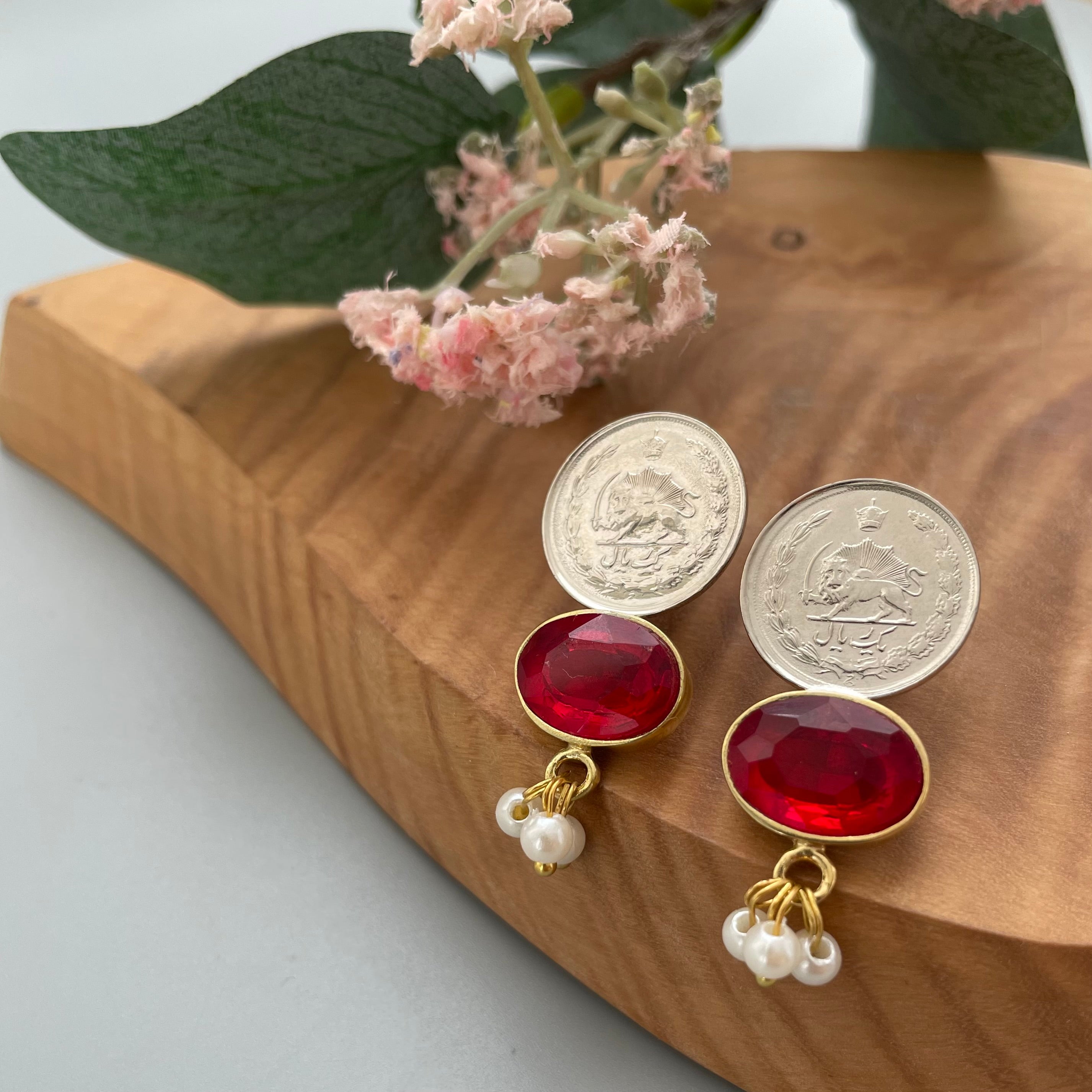 Pahlavi Coin Earrings and Red Gemstone