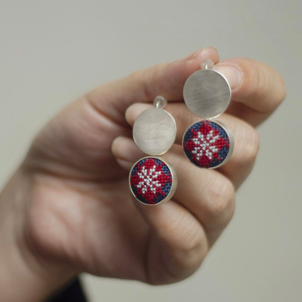 Handmade Silver Stud Earrings with Embroidery