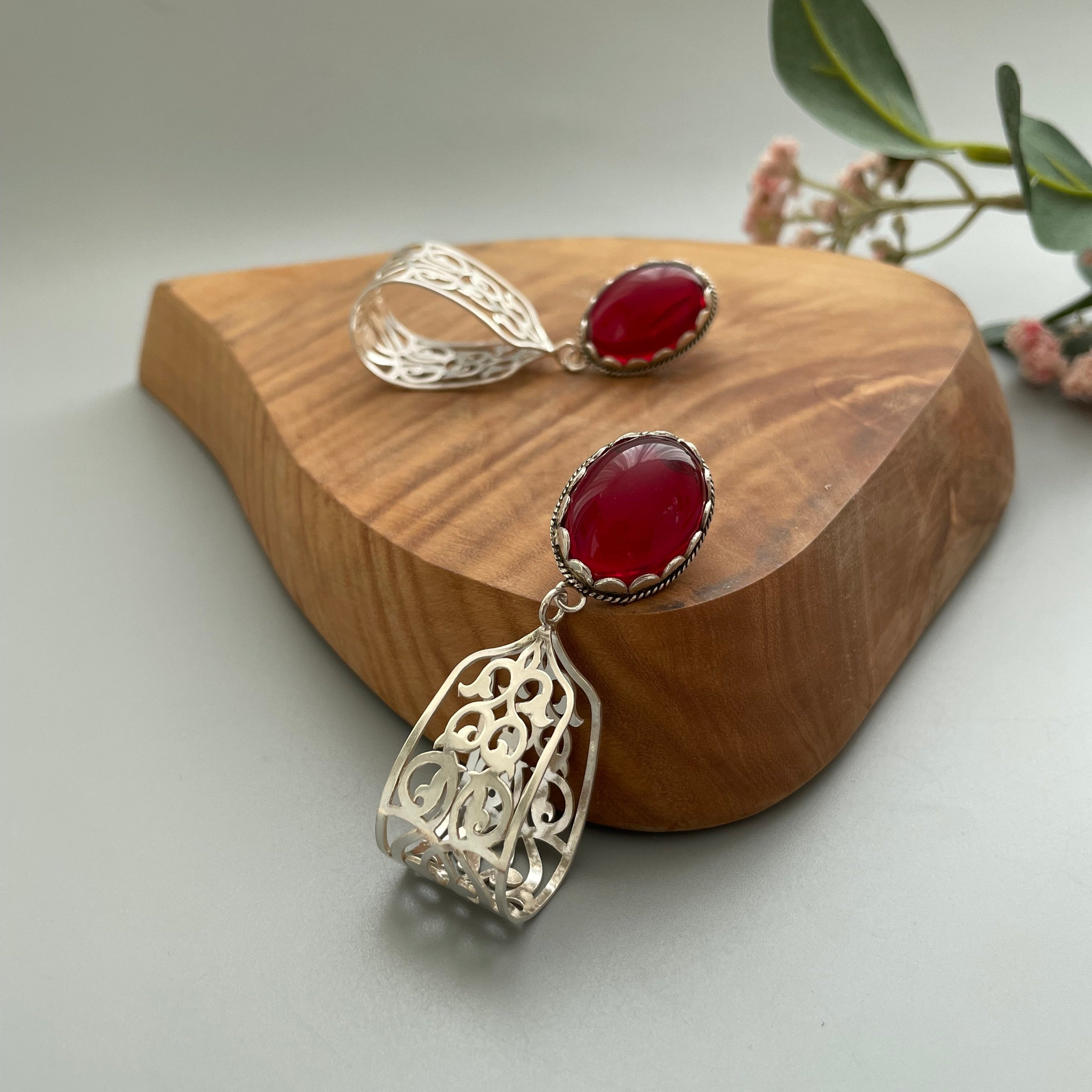 Persian Earrings Handmade Silver Earrings with Persian Pattern and Red Crystal:Persian Jewelry-AFRA ART GALLERY