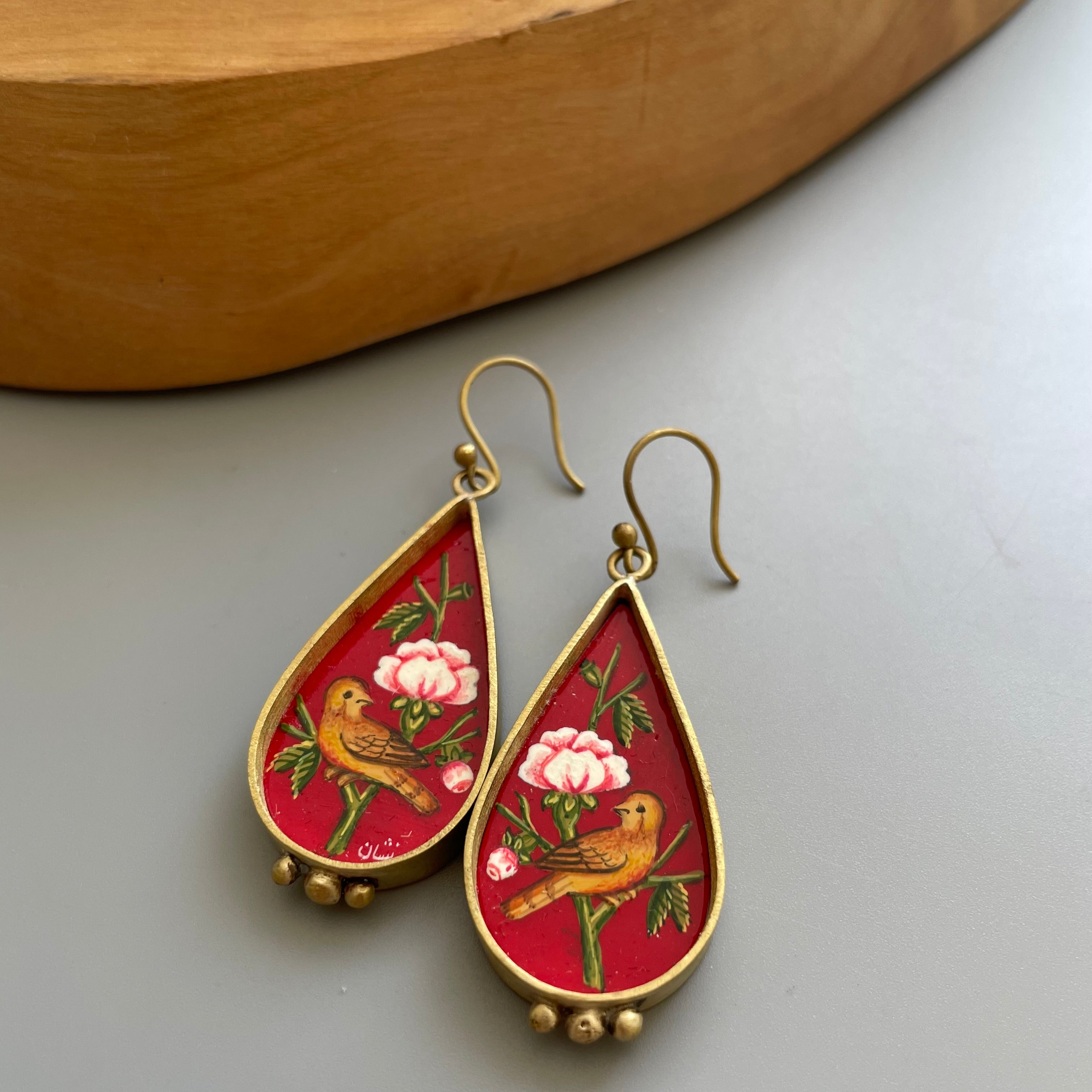 Fully Hand Painted Persian Earrings in Red with Gol-o-Morgh Design
