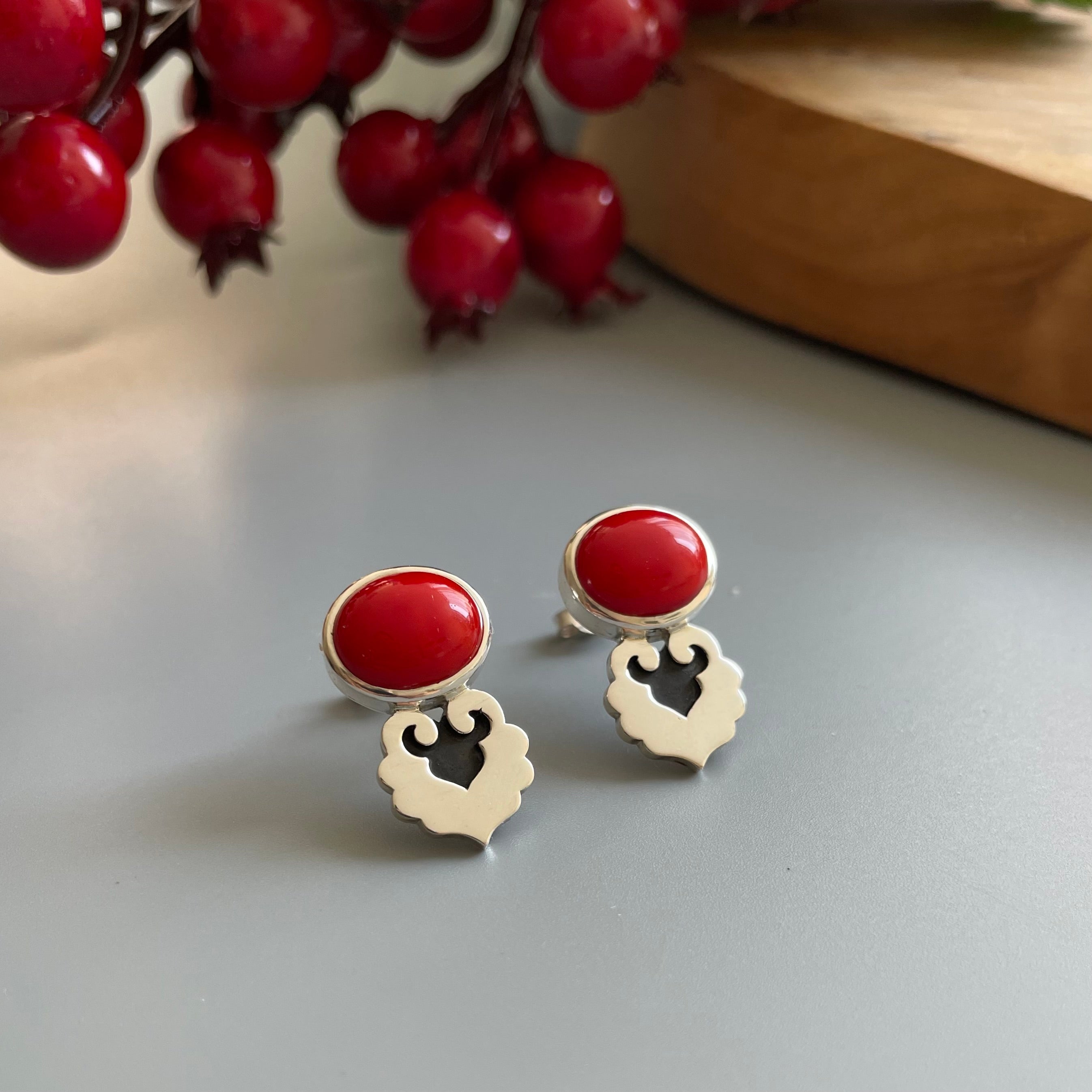 Handmade Minimal Silver Earrings with Coral