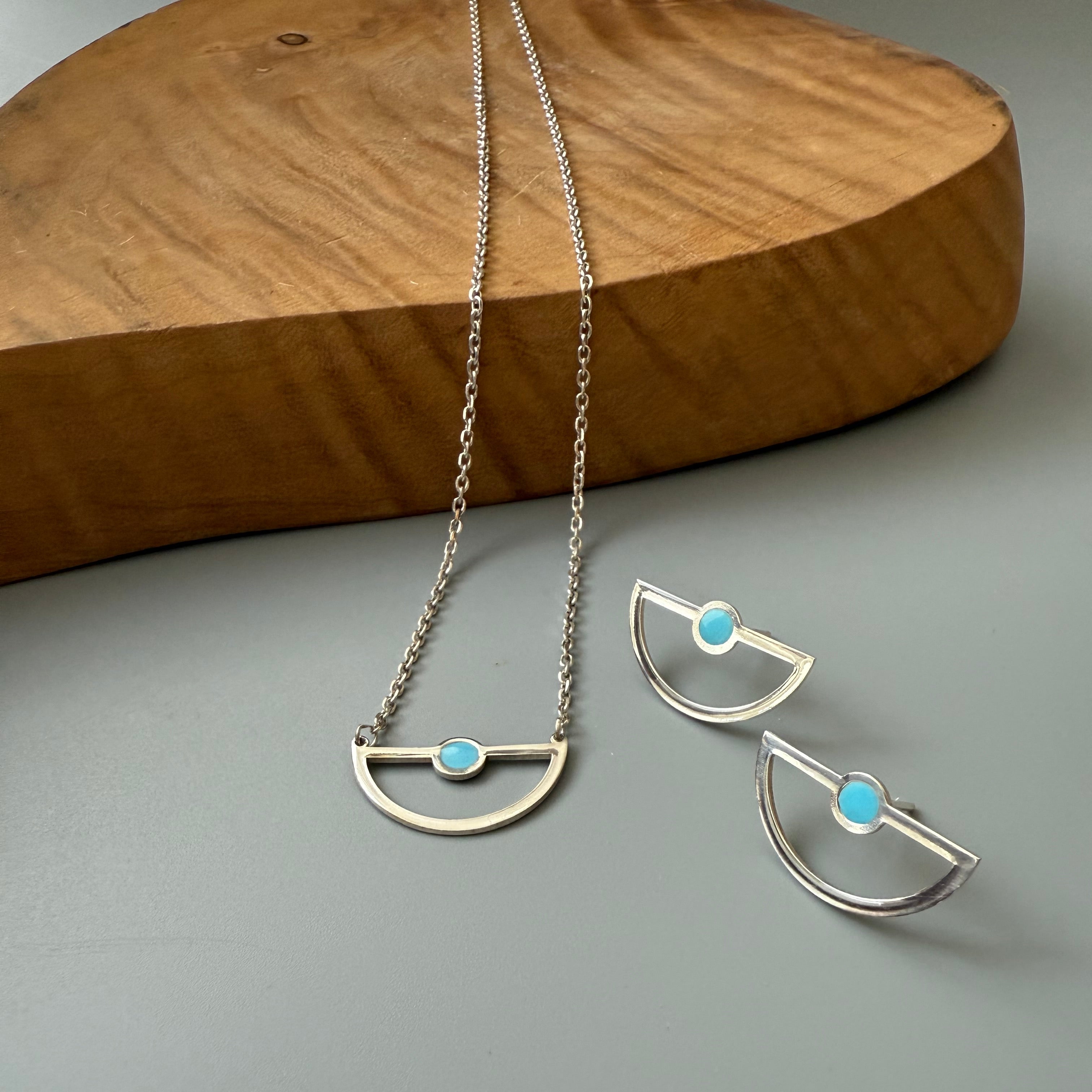 Handmade Minimal Silver Earrings And Necklace with Cold Enamel