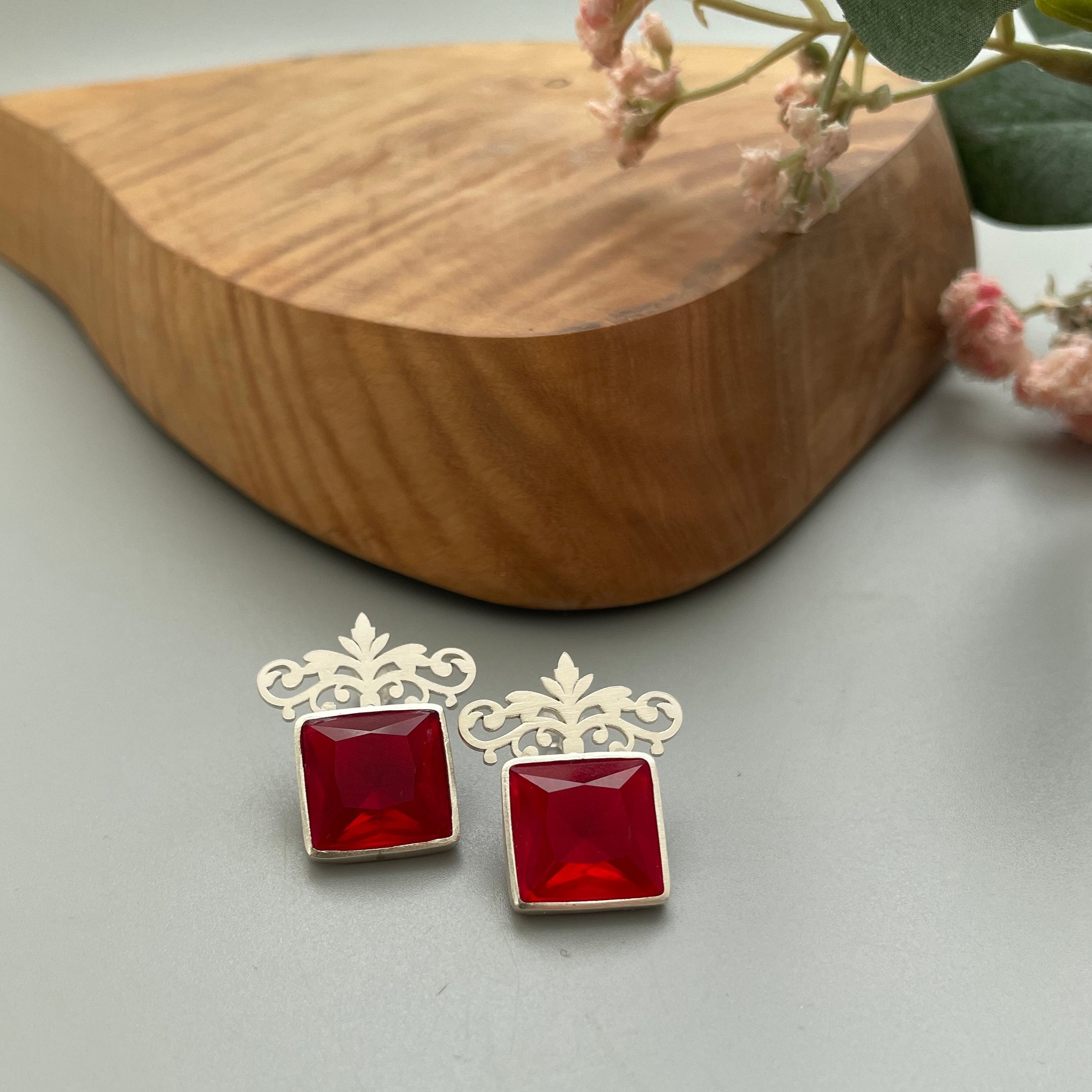 Persian Earrings Silver Stud Earrings with Shiny Red Crystal:Persian Jewelry-AFRA ART GALLERY