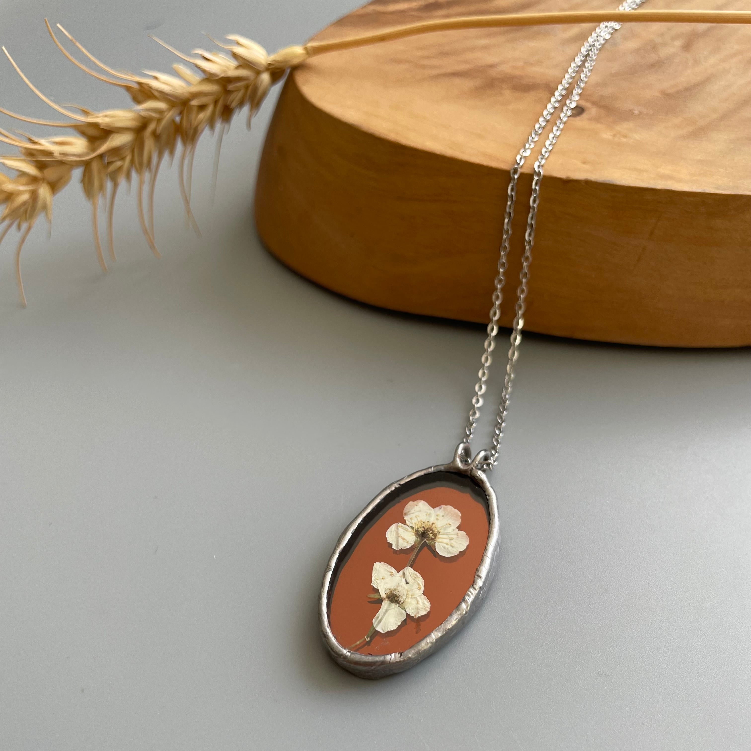 Oval Shaped Stain Glass Necklace with Dried Flower