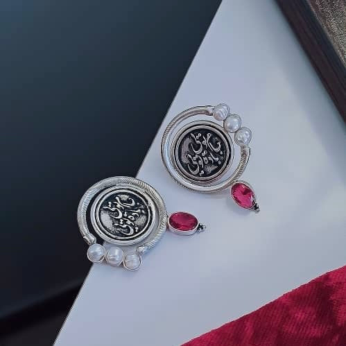 Handmade Silver Earrings with Persian Poem and Crystal