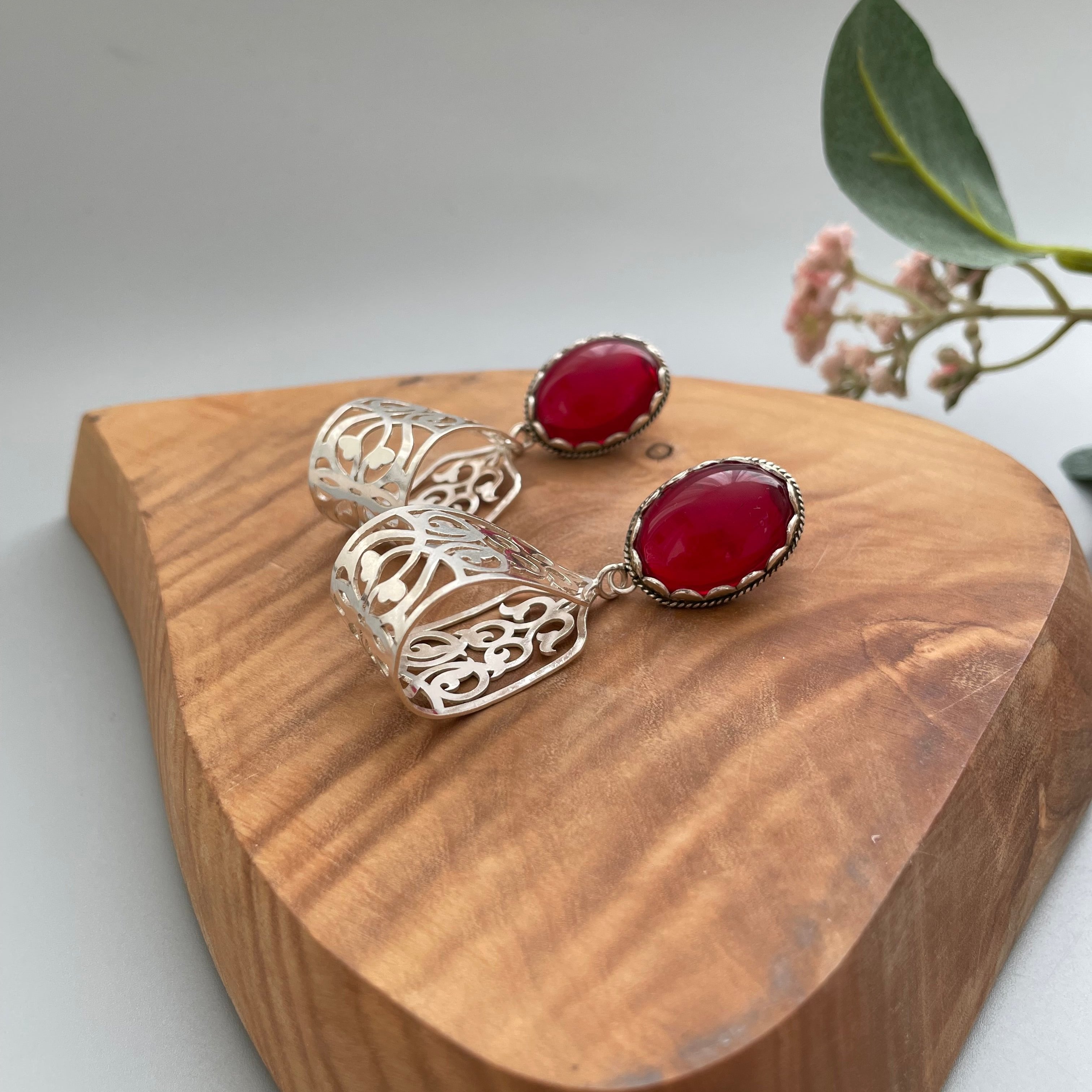 Persian Earrings Handmade Silver Earrings with Persian Pattern and Red Crystal:Persian Jewelry-AFRA ART GALLERY