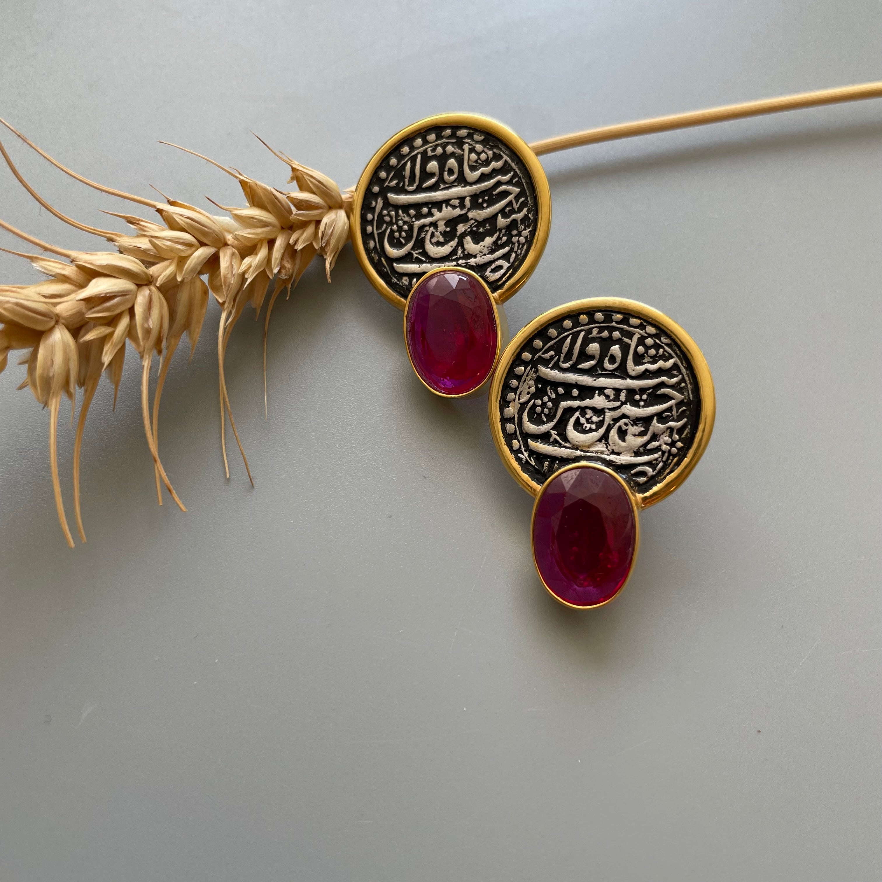 Handmade Silver Earrings with Persian Coin and Red Wine Crystal