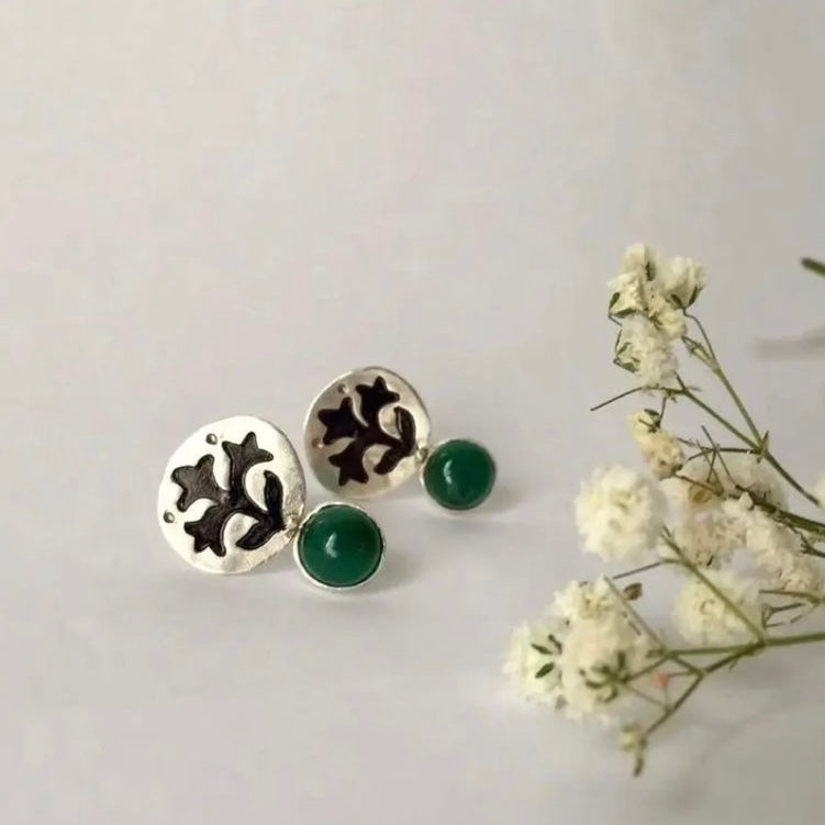 Handmade Persian Stud Earrings with Green Agate
