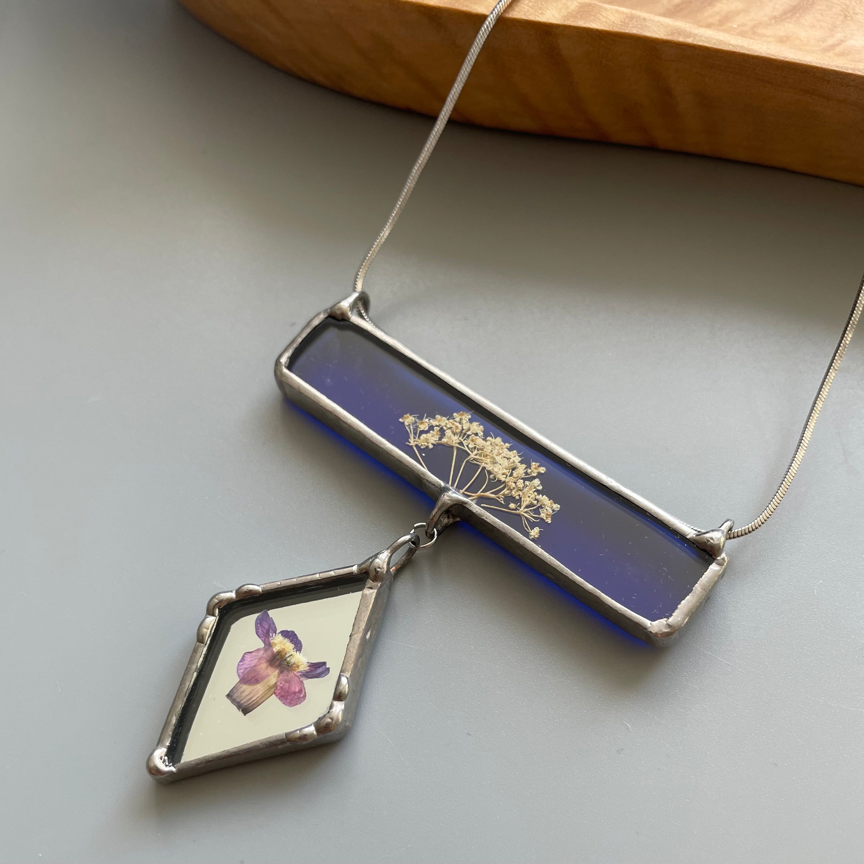 Stain Glass Necklace with Dried Flower and Mirror