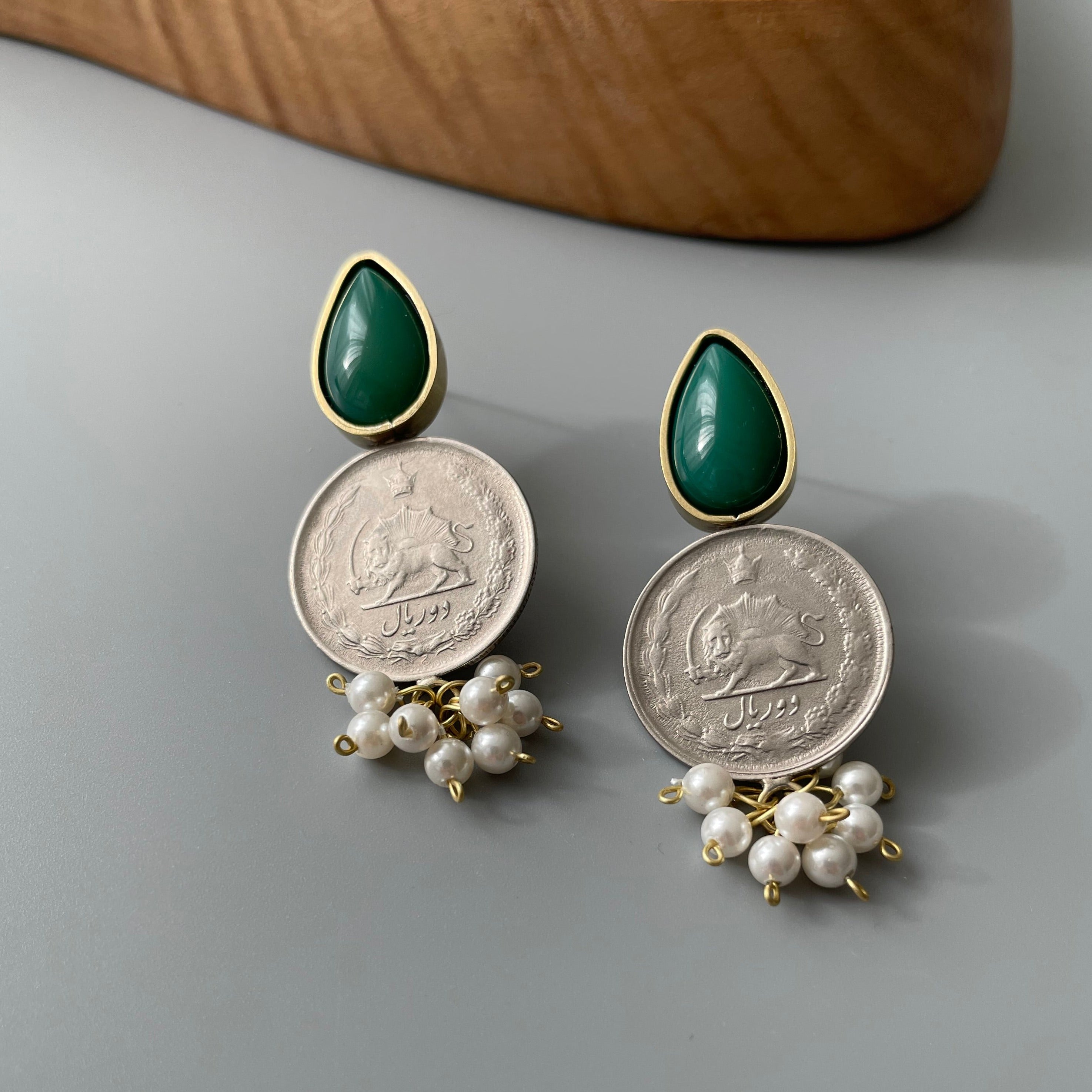 Persian Earrings-Brass Earrings with Pahlavi Coin and Green Agate:Persian Jewelry-AFRA ART GALLERY