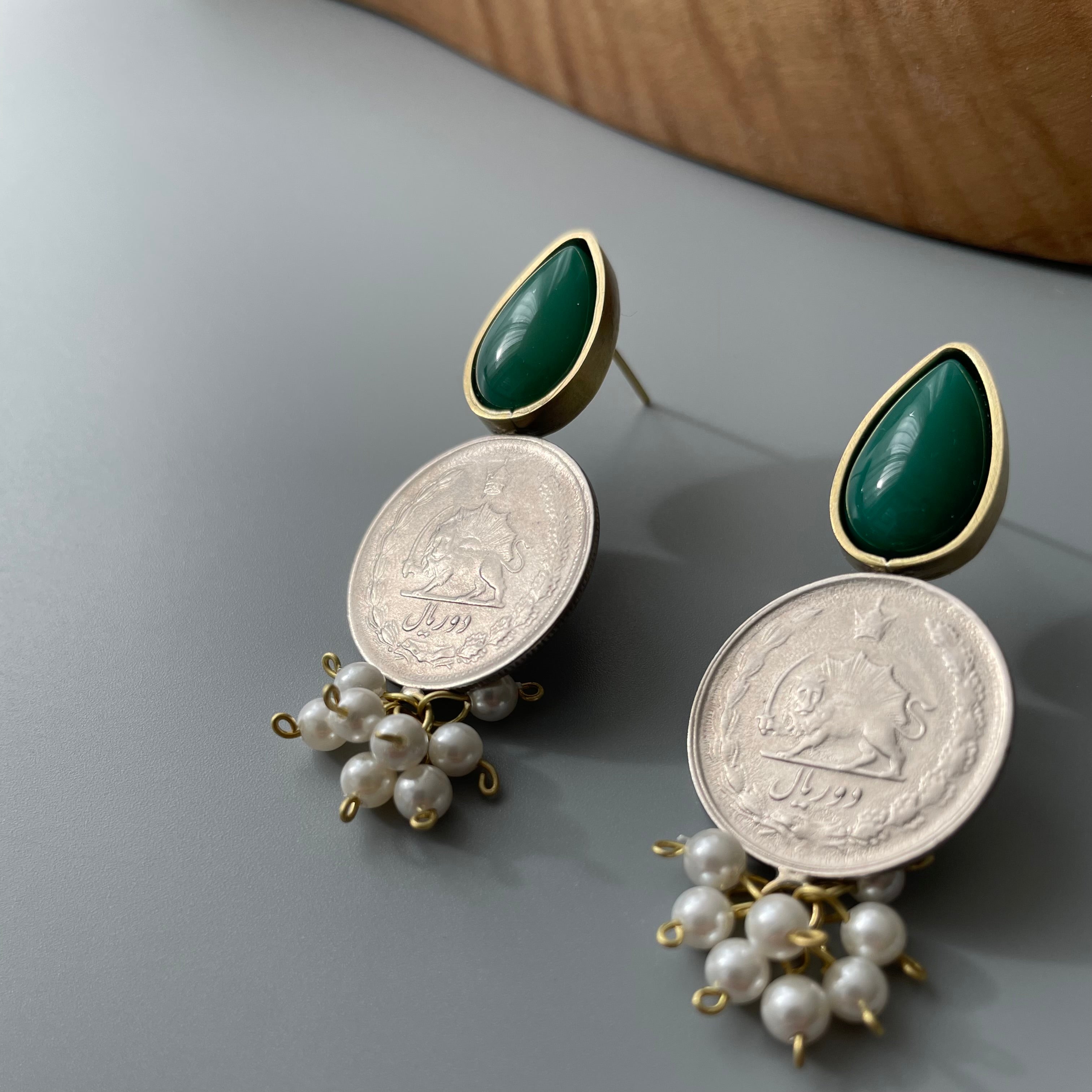 Persian Earrings-Brass Earrings with Pahlavi Coin and Green Agate:Persian Jewelry-AFRA ART GALLERY