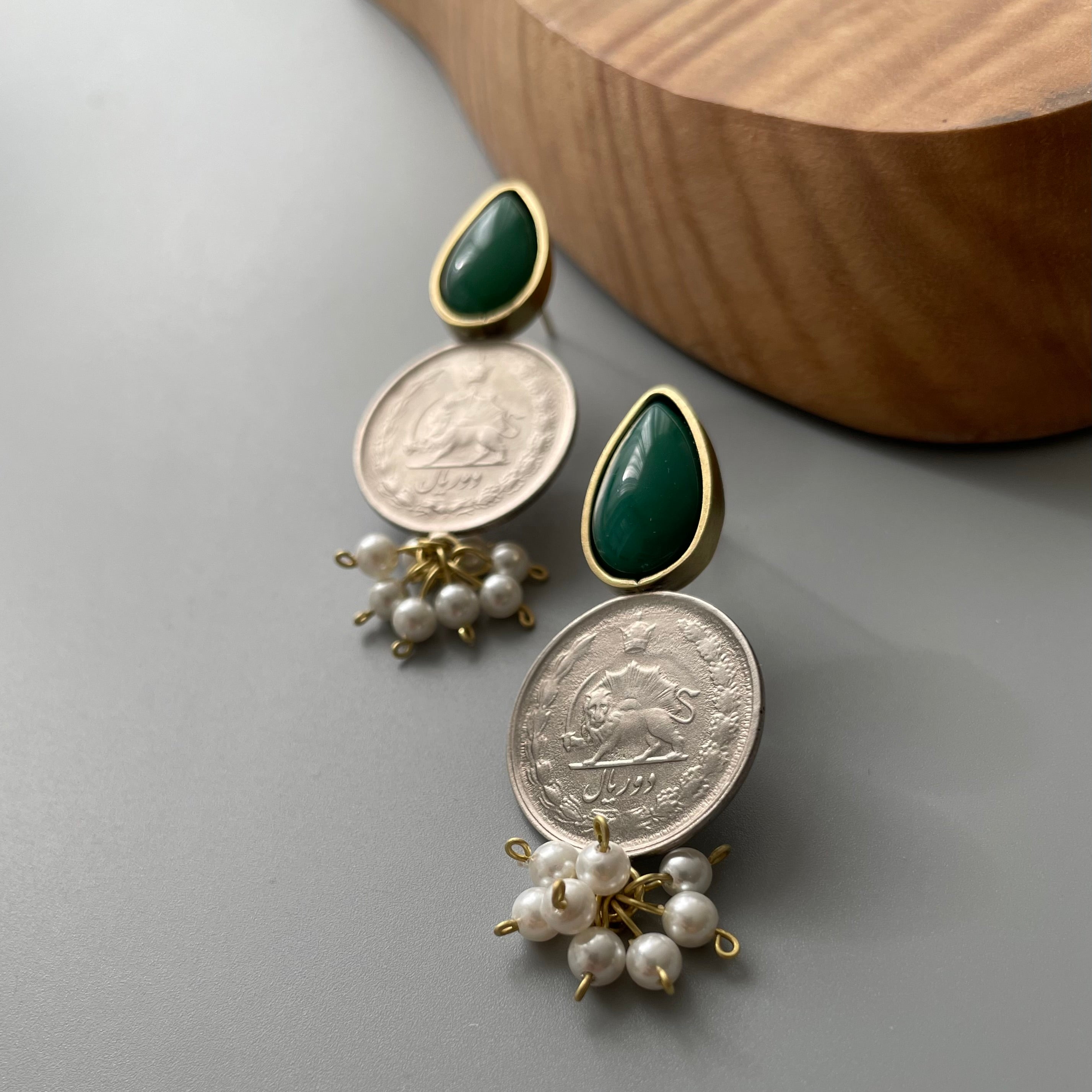Persian Earrings-Brass Earrings with Pahlavi Coin and Green Agate:Persian Jewelry-AFRA ART GALLERY