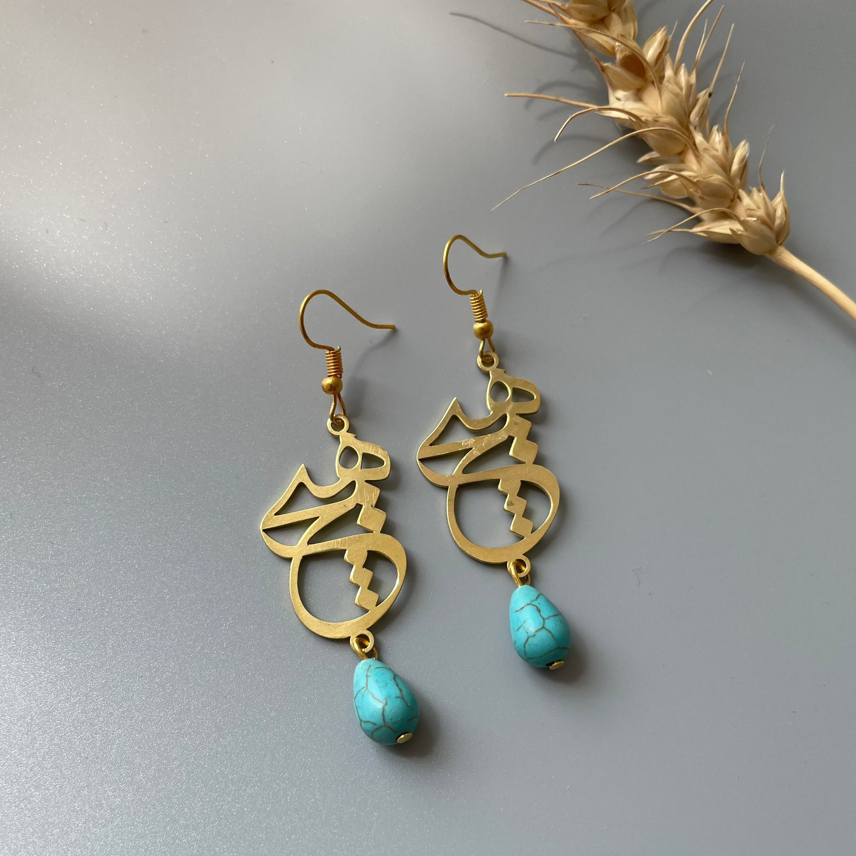 Persian Turquoise Jewelry-Brass Heech Earrings with Agate: Persian Jewelry-AFRA ART GALLERY