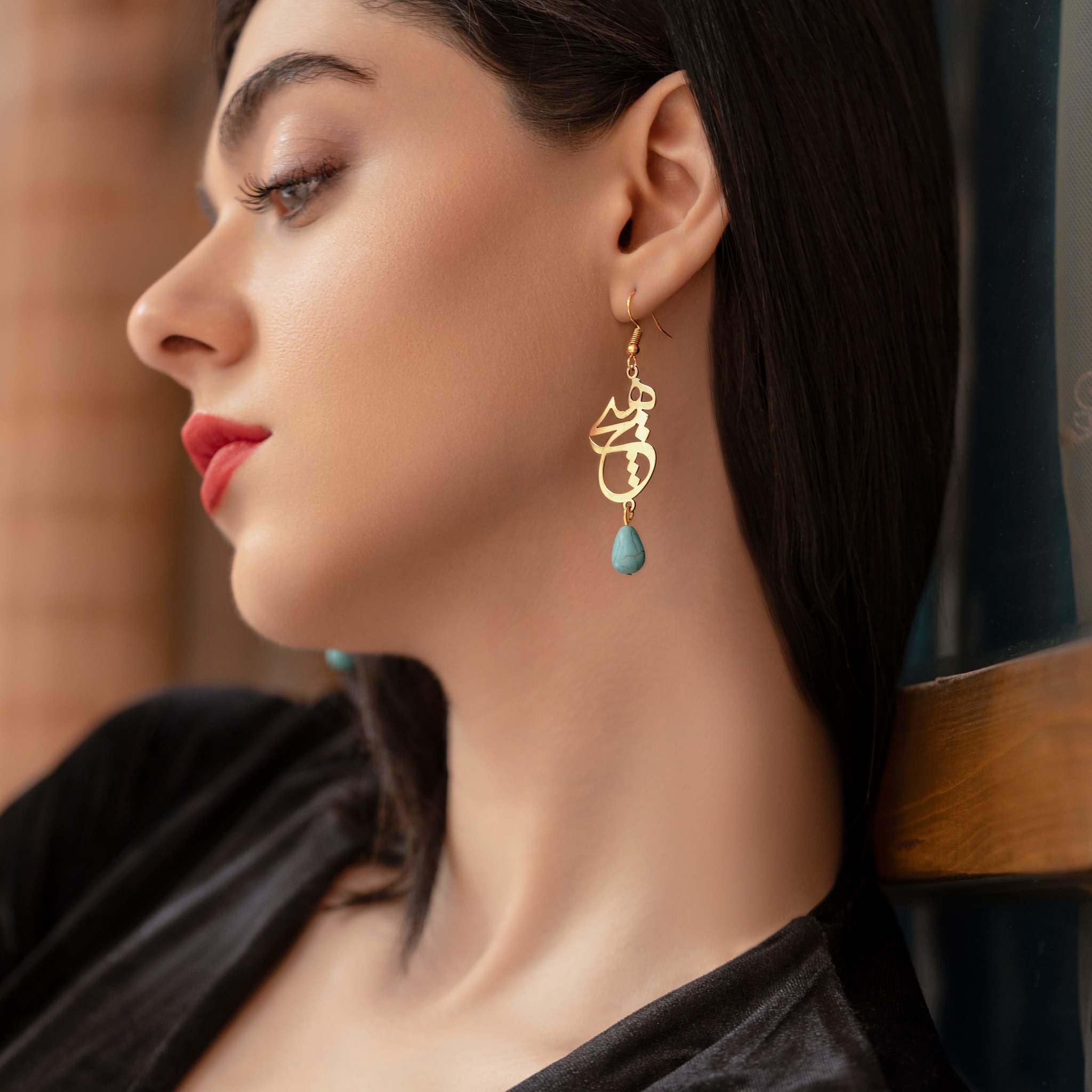 Persian Turquoise Jewelry-Brass Heech Earrings with Agate: Persian Jewelry-AFRA ART GALLERY