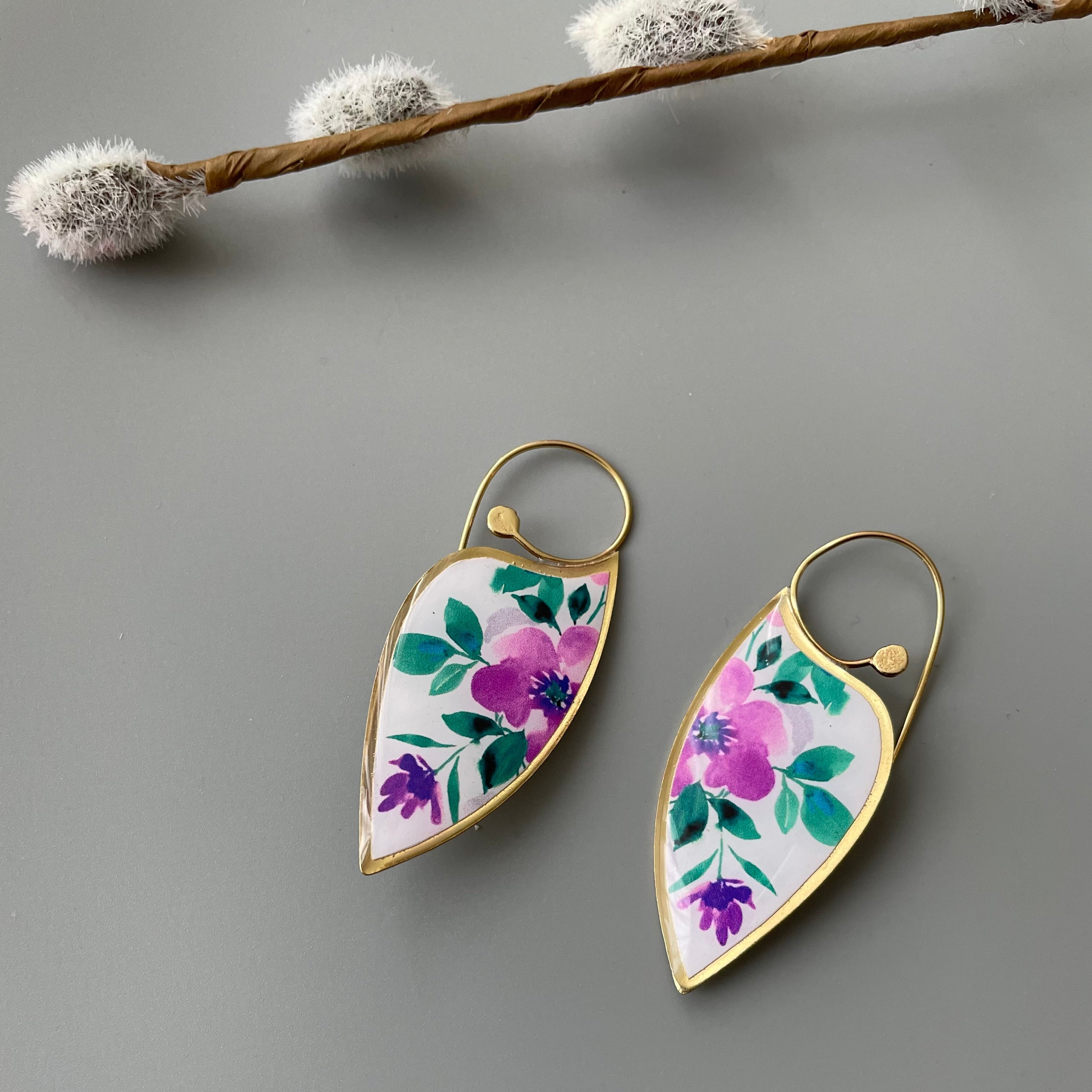 Persian Earrings-Brass Persian Earrings with Colorful Floral design:Persian Jewelry-AFRA ART GALLERY