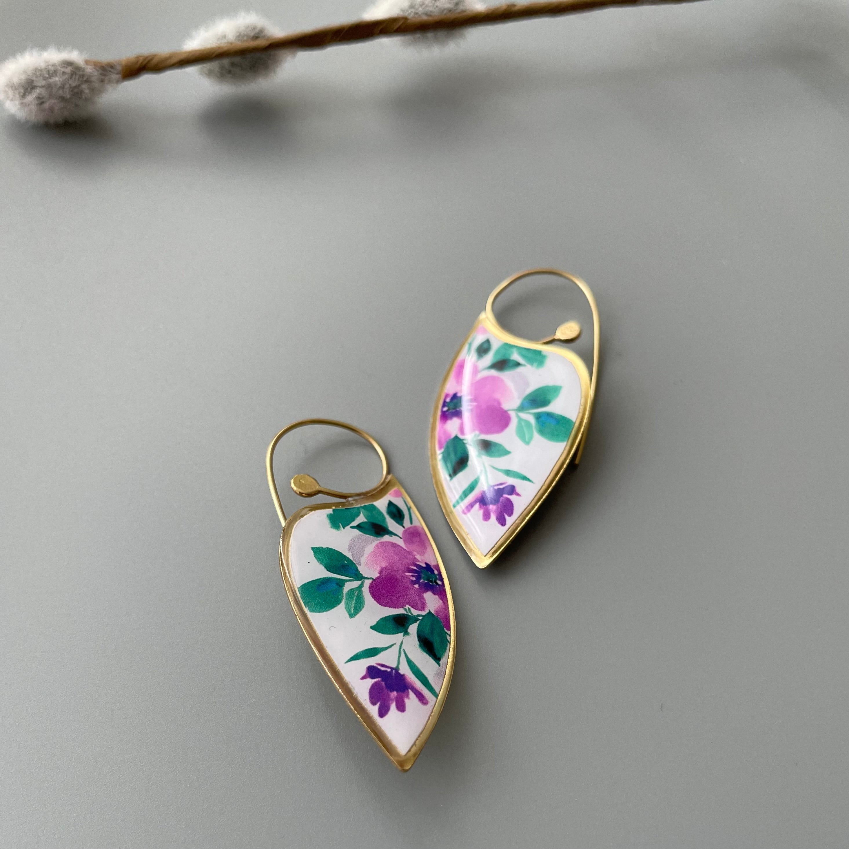 Persian Earrings-Brass Persian Earrings with Colorful Floral design:Persian Jewelry-AFRA ART GALLERY