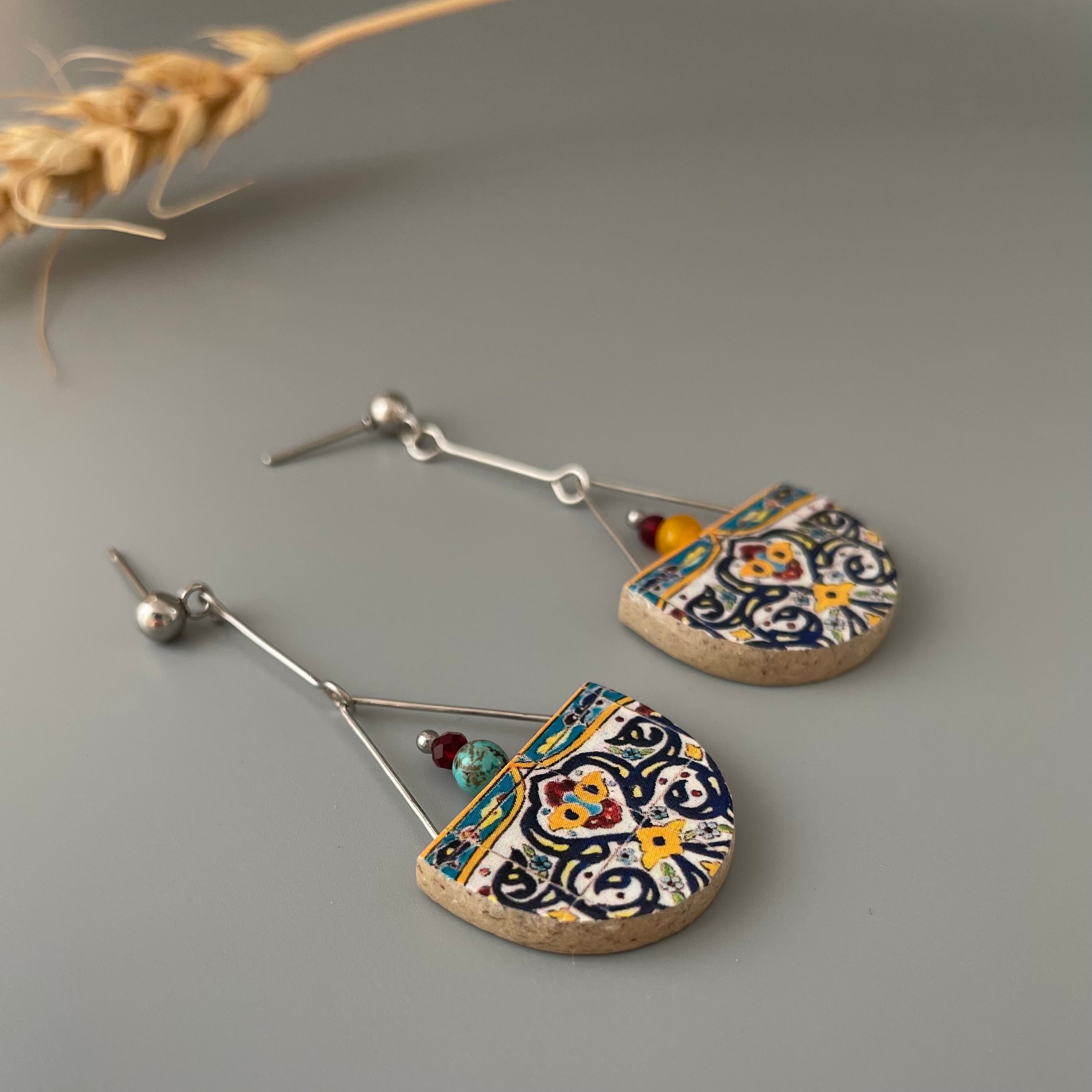 Persian Earrings-Dangle Earrings with Persian Colorful Tile Pattern:Persian Jewelry-AFRA ART GALLERY