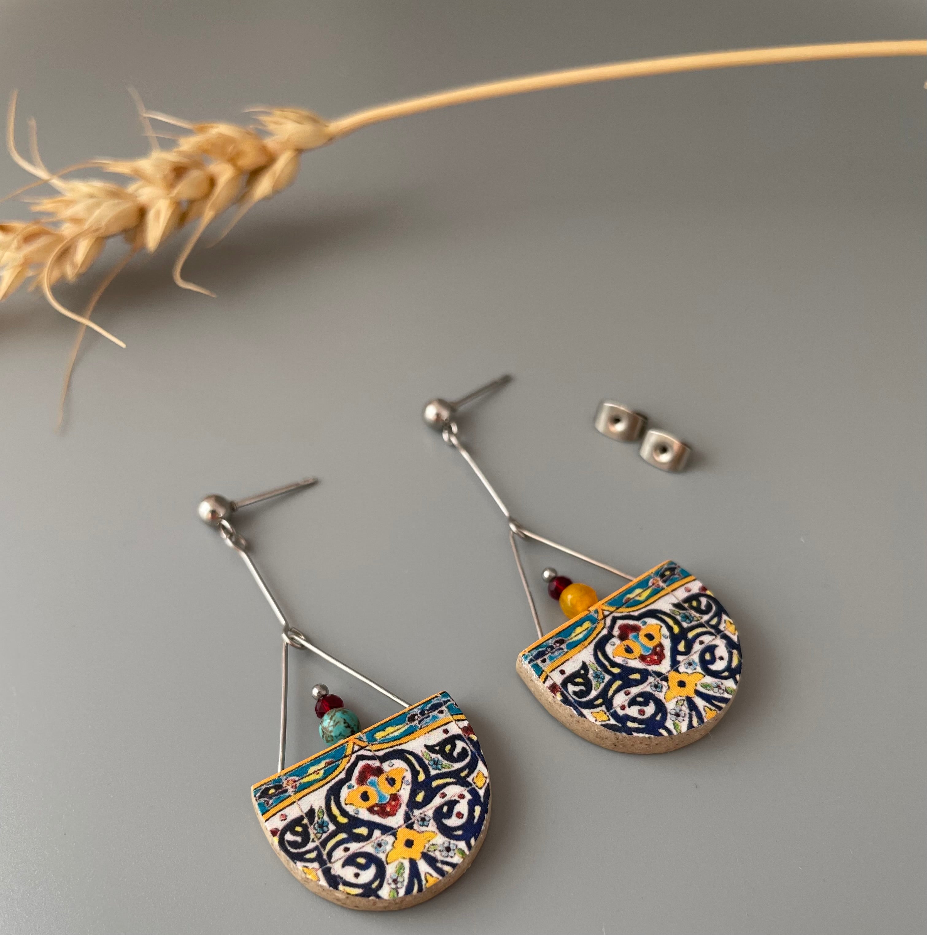 Persian Earrings-Dangle Earrings with Persian Colorful Tile Pattern:Persian Jewelry-AFRA ART GALLERY