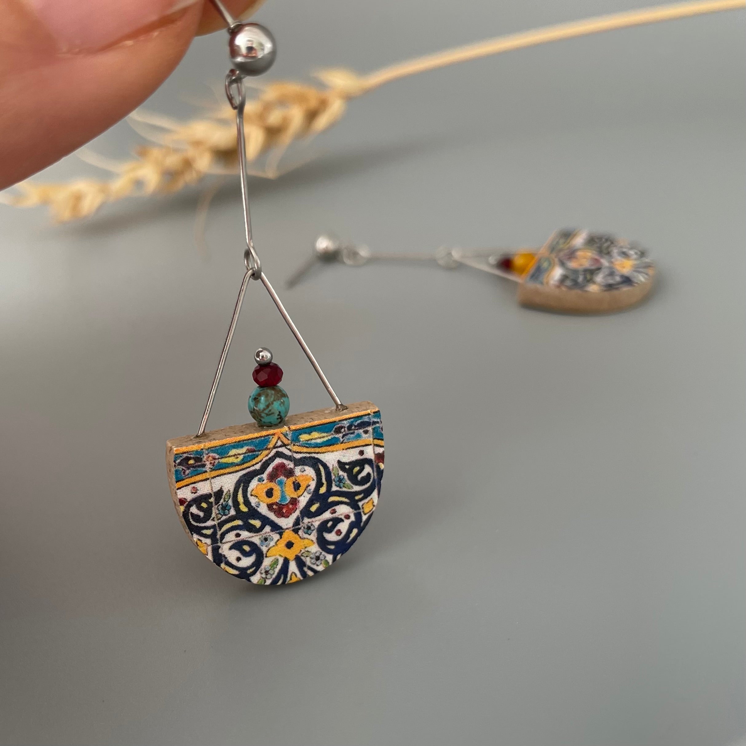 Persian Earrings-Dangle Earrings with Persian Colorful Tile Pattern:Persian Jewelry-AFRA ART GALLERY