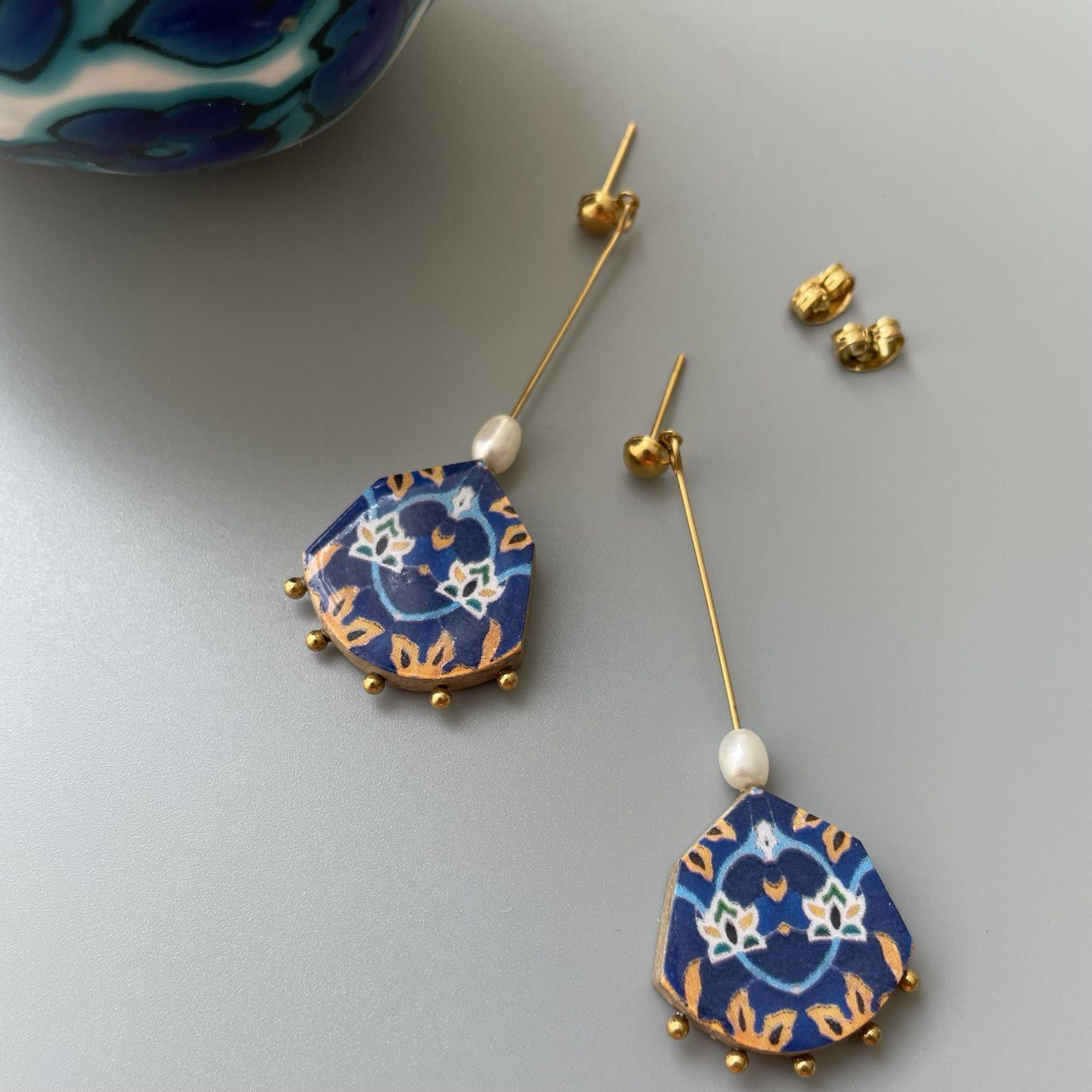 Persian Earrings-Drop Earrings with Persian Colorful Tile Pattern: Persian Jewelry-AFRA ART GALLERY