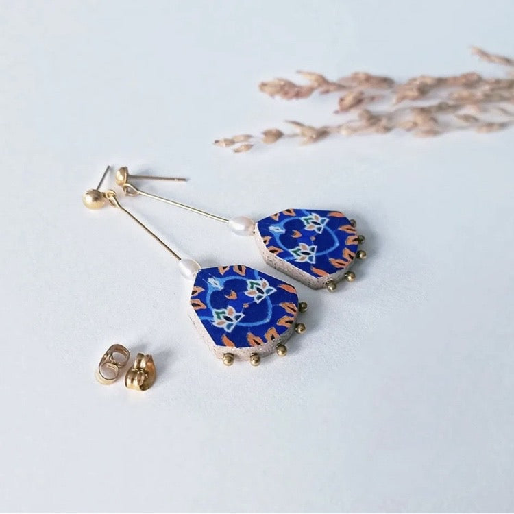 Persian Earrings-Drop Earrings with Persian Colorful Tile Pattern:Persian Jewelry-AFRA ART GALLERY