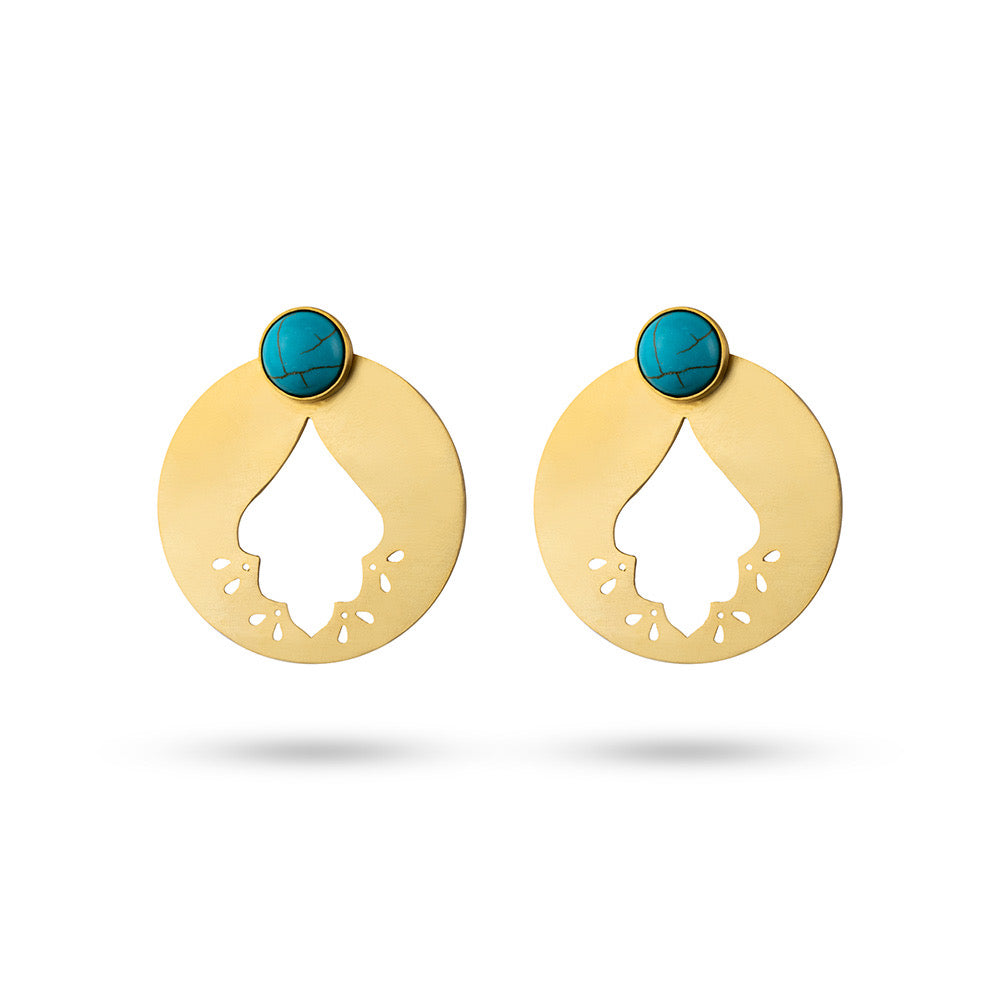 Persian Turquoise Jewelry-Full Circle Brass Earrings with Turquoise: Persian Jewelry-AFRA ART GALLERY