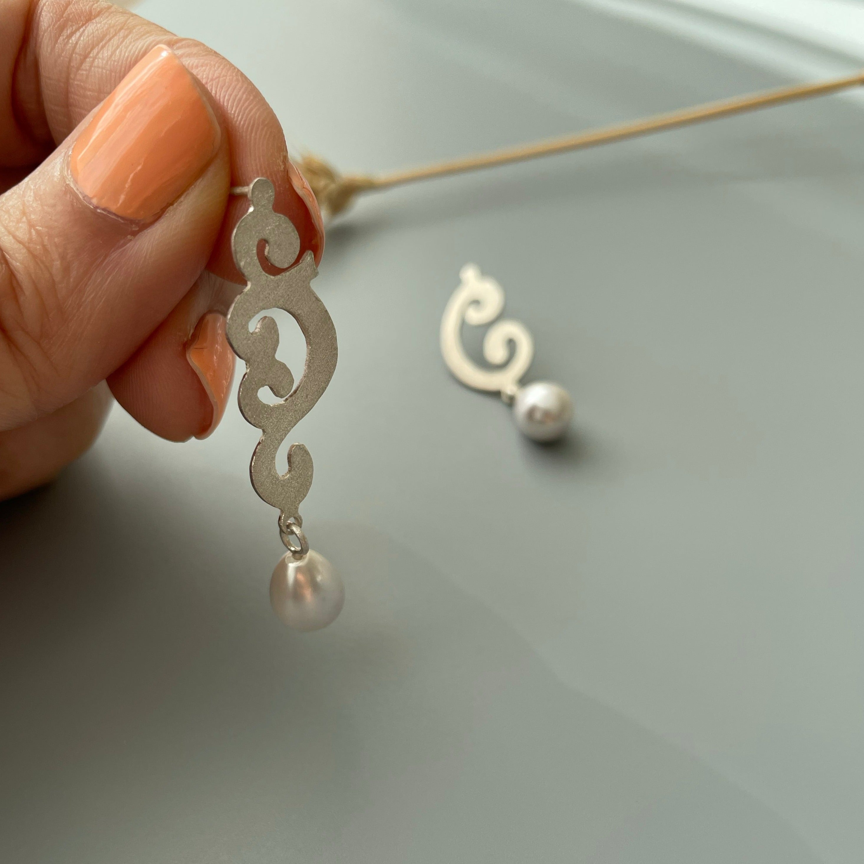 Persian Earrings-Handmade Asymmetric Dangle Earrings with Pearl:Persian Jewelry-AFRA ART GALLERY