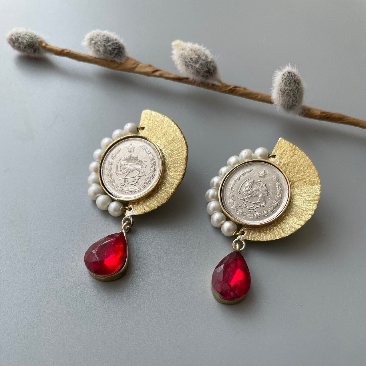 Persian Earrings-Handmade Brass Coin Earrings With Shining Beads: Persian Jewelry-AFRA ART GALLERY
