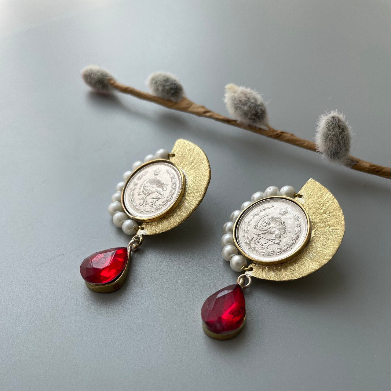 Persian Earrings-Handmade Brass Coin Earrings With Shining Beads: Persian Jewelry-AFRA ART GALLERY