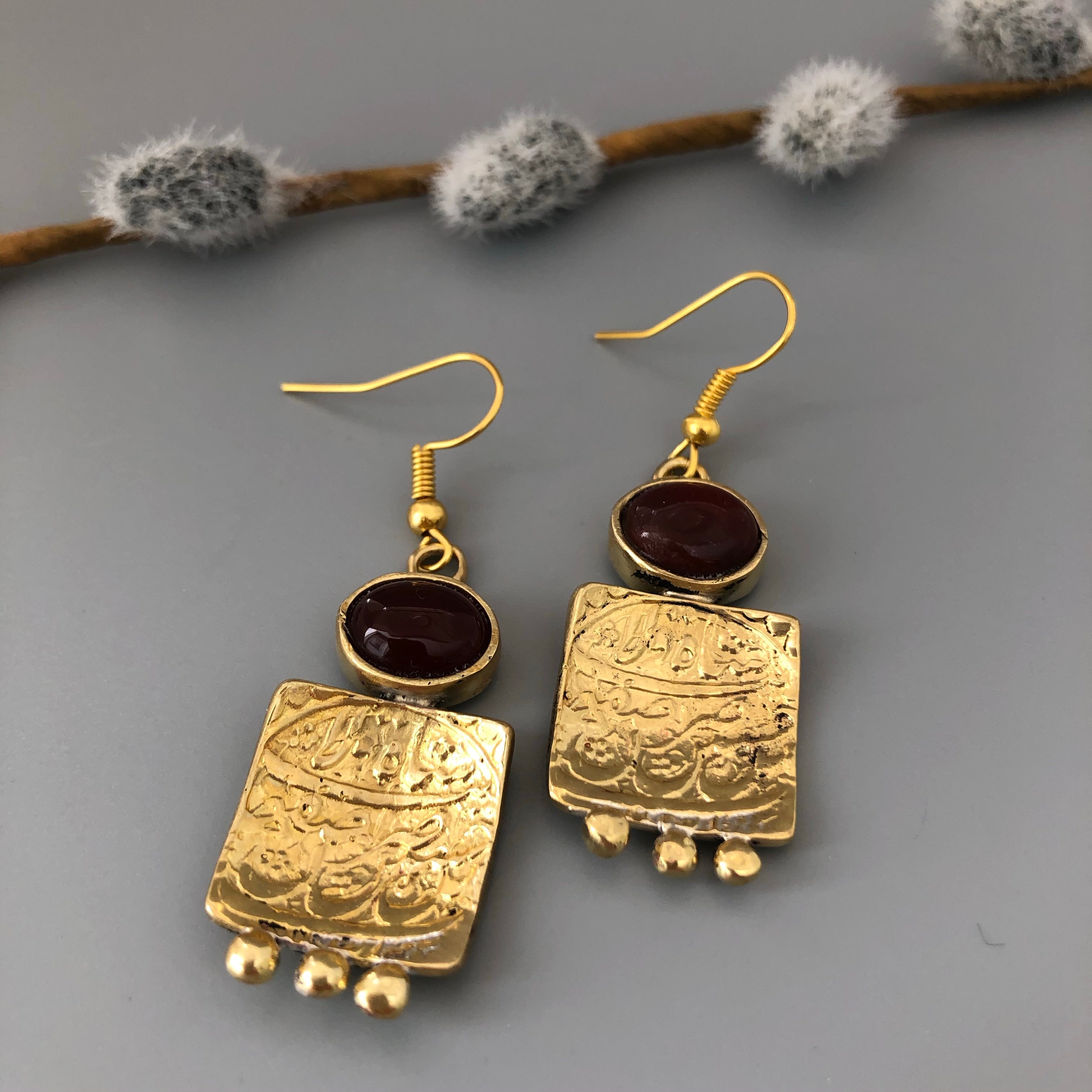 Nowruz Gift-Handmade Brass Dangle Earrings with Agate:Persian Jewelry-Afra Art Gallery