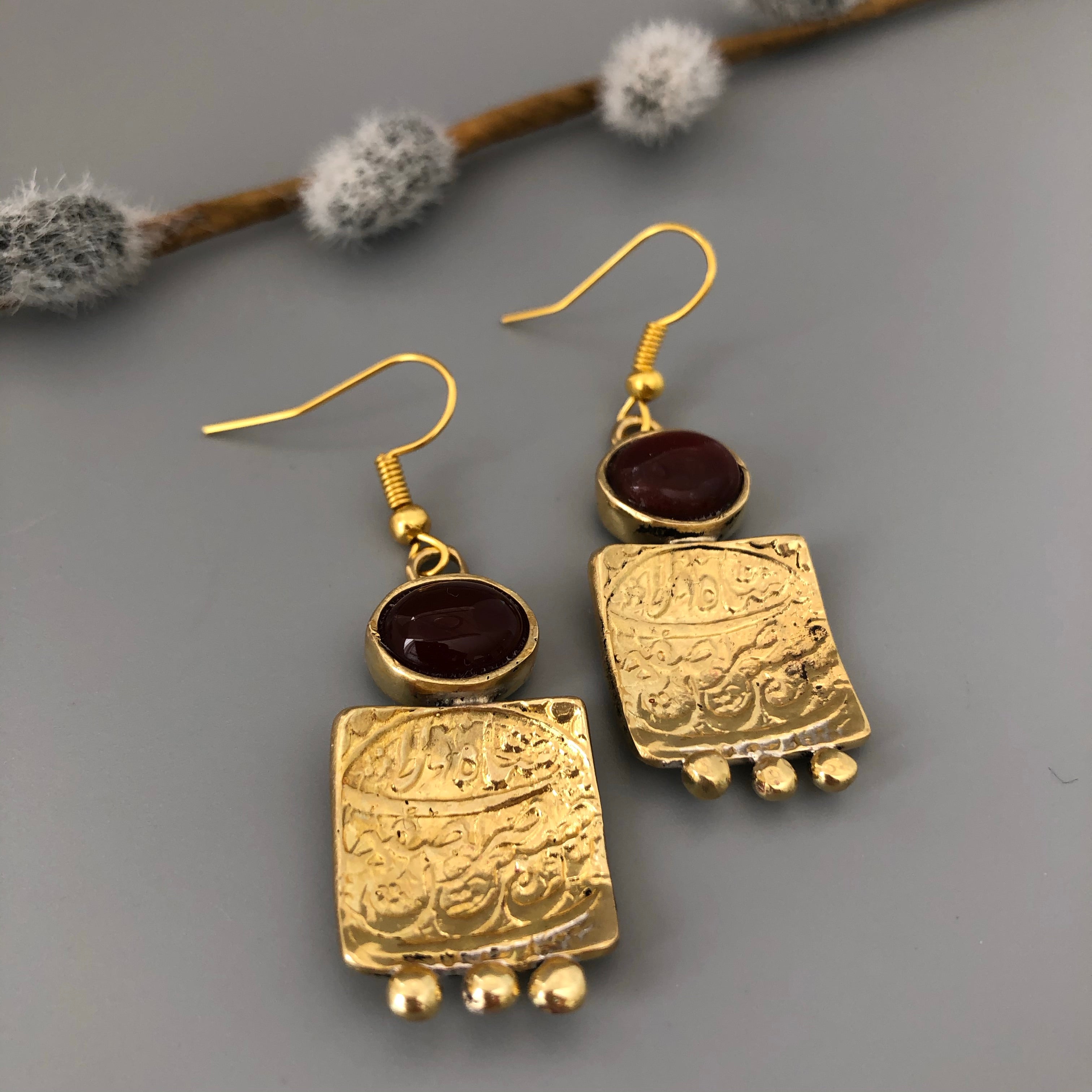 Nowruz Gift-Handmade Brass Dangle Earrings with Agate:Persian Jewelry-Afra Art Gallery