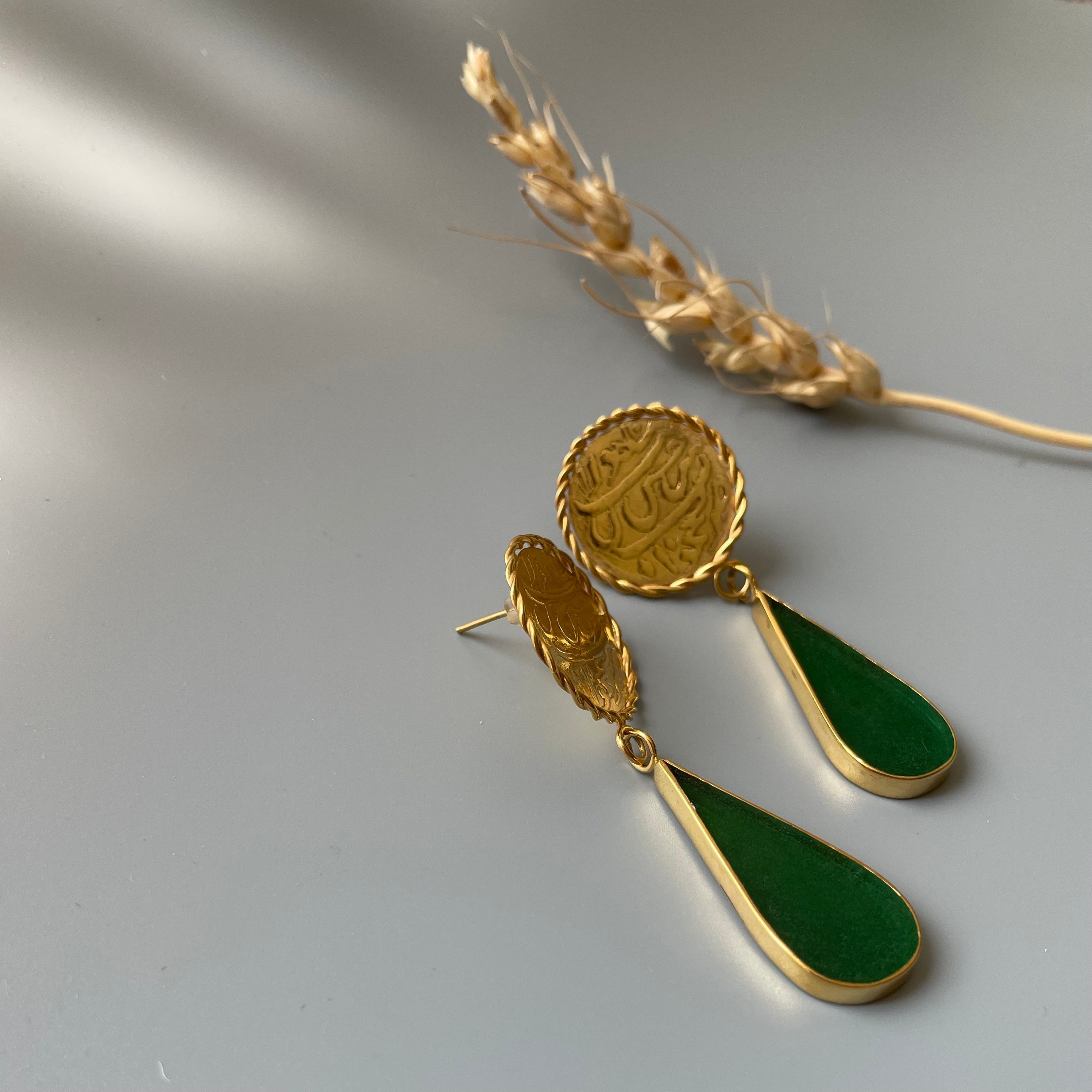 Persian Earrings-Handmade Brass Dangle Earrings with Green Enamel:Persian Jewelry-AFRA ART GALLERY