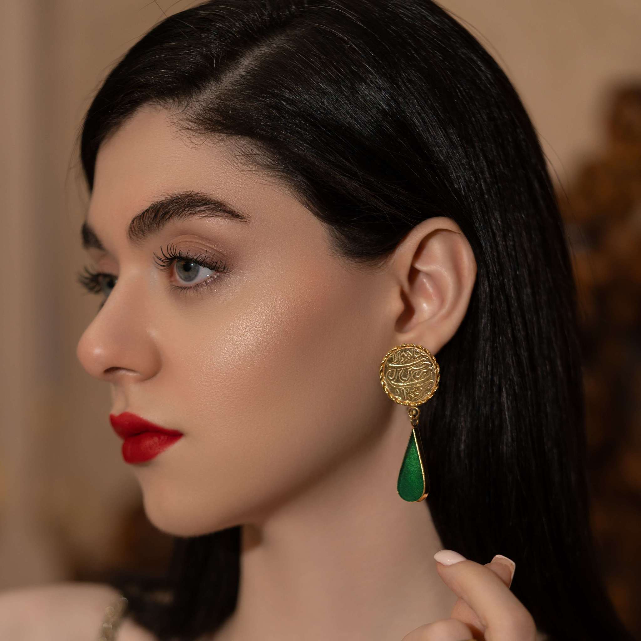 Persian Earrings-Handmade Brass Dangle Earrings with Green Enamel:Persian Jewelry-AFRA ART GALLERY