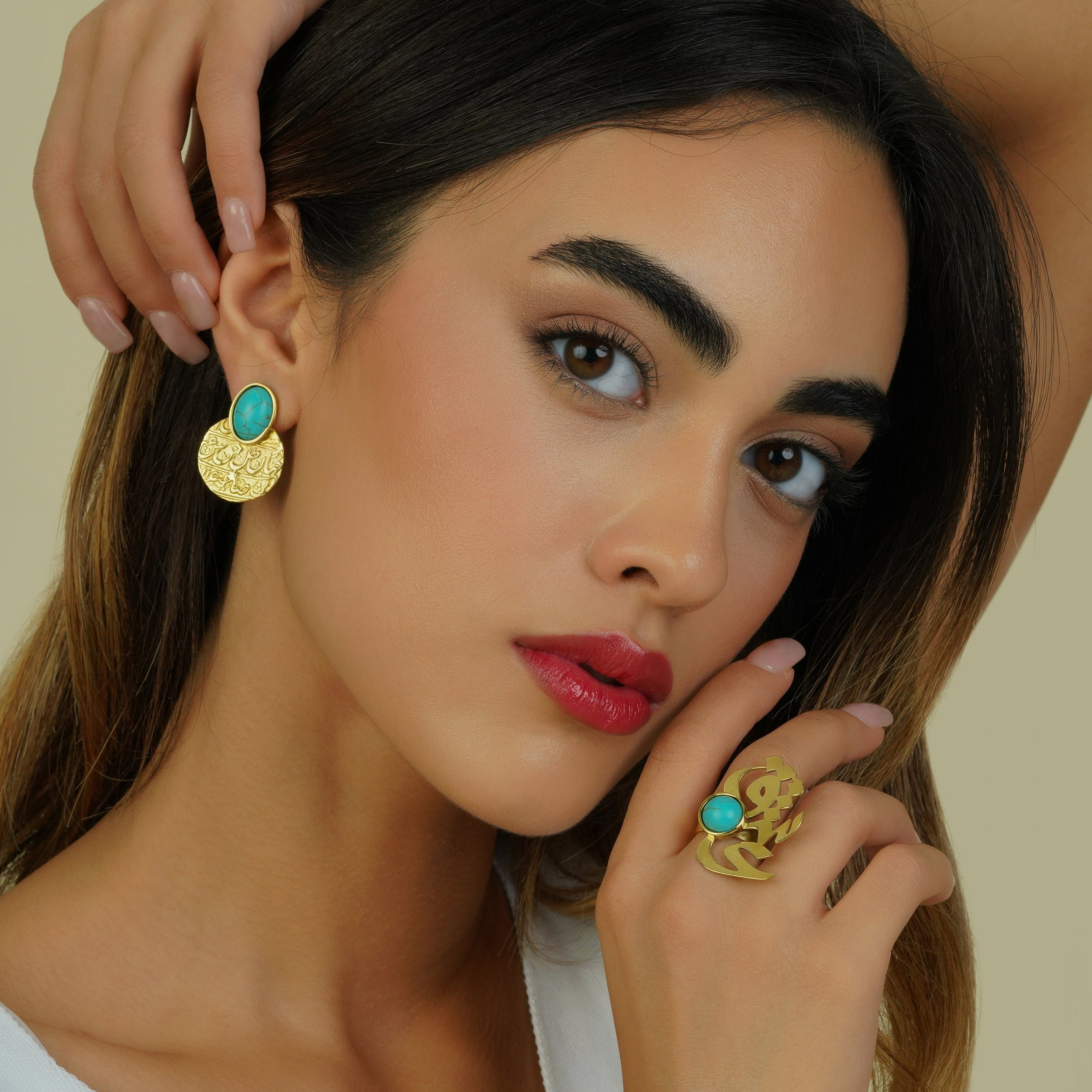 Persian Turquoise Jewelry-Handmade Brass stud Earrings with Turquoise: Persian Jewelry-AFRA ART GALLERY