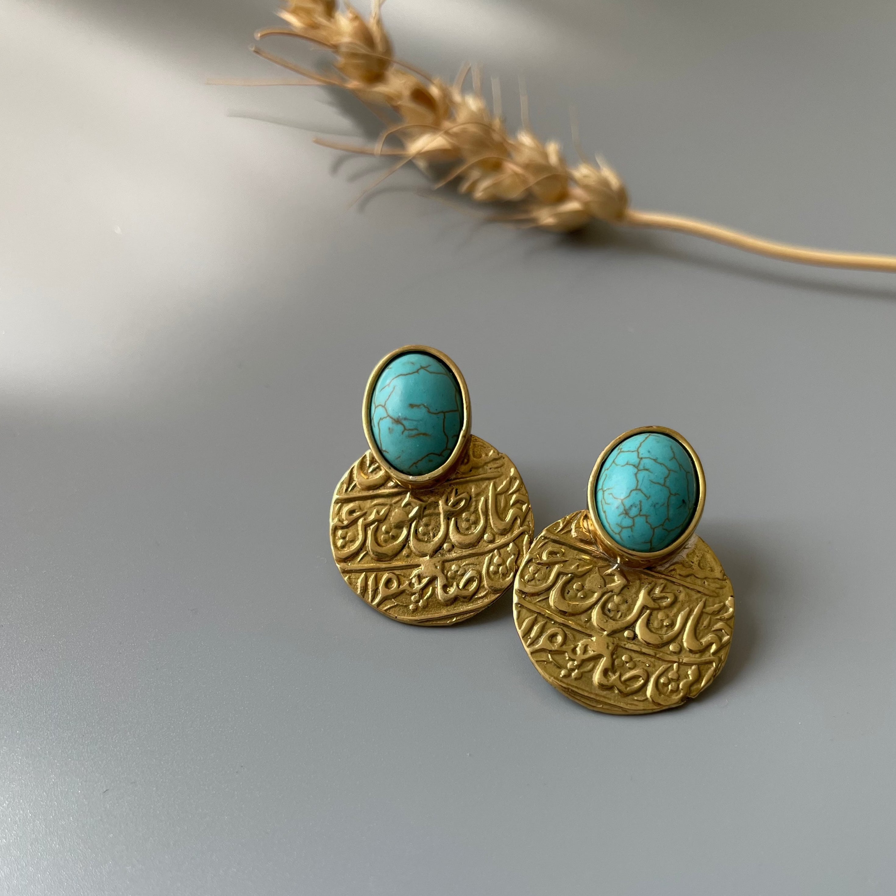 Persian Turquoise Jewelry-Handmade Brass stud Earrings with Turquoise: Persian Jewelry-AFRA ART GALLERY