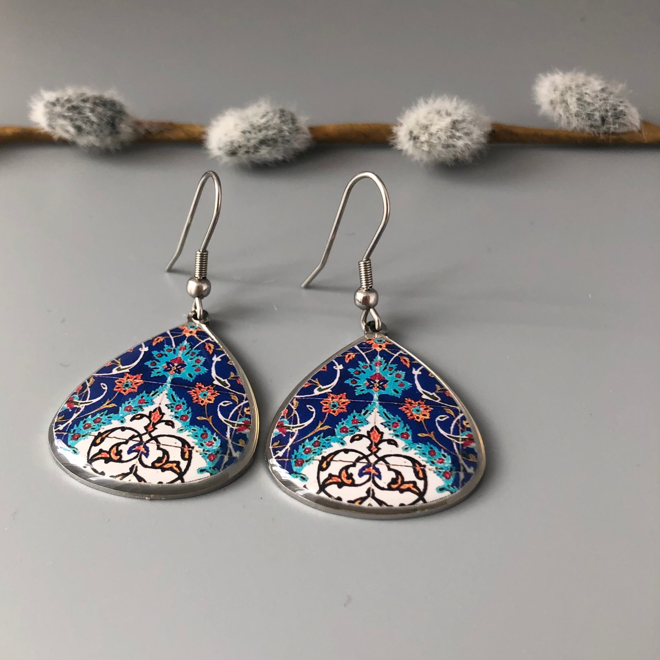 Persian Earrings-Handmade Hypoallergenic Steel Earrings with Colorful Persian Symbols:Persian Jewelry-Afra Art Gallery