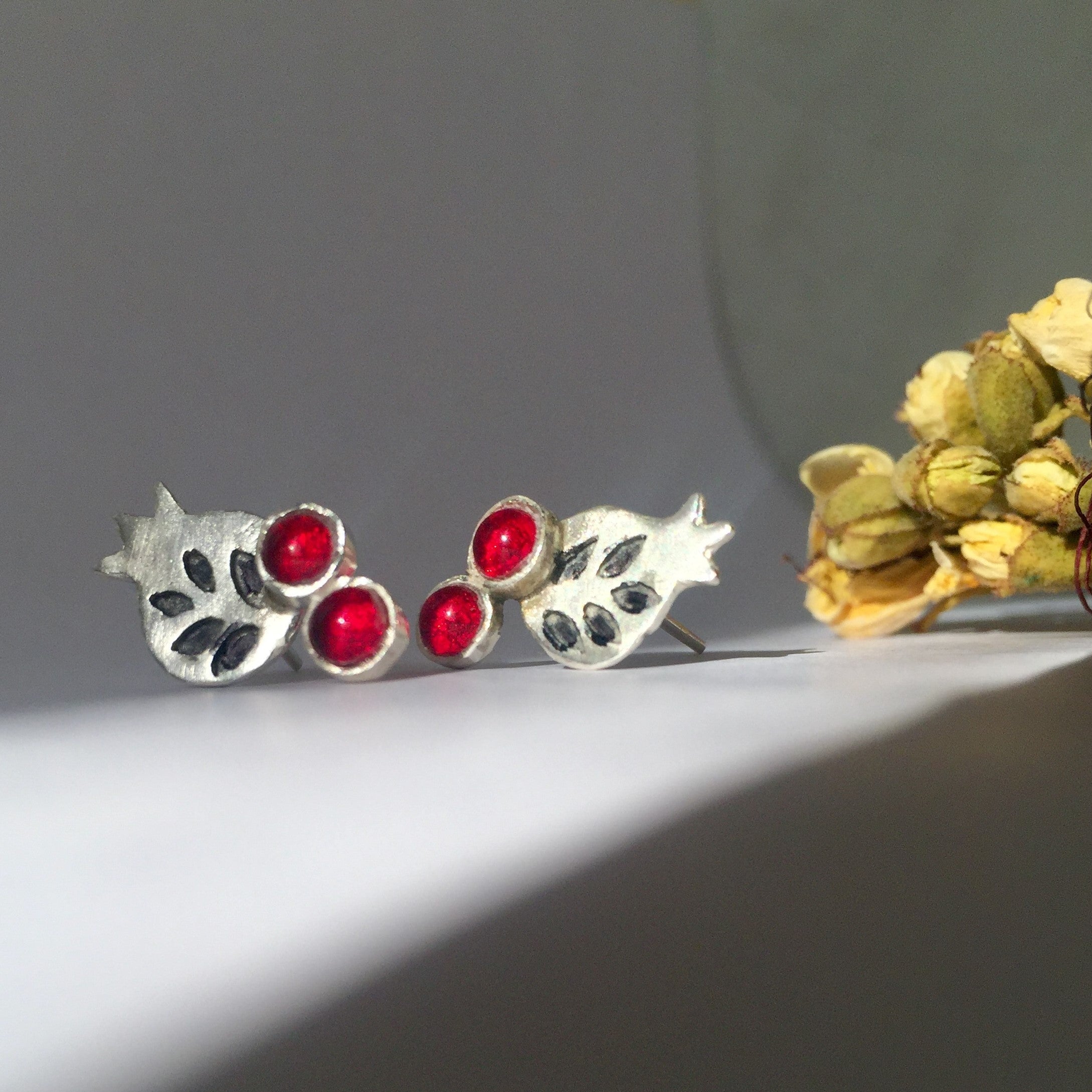 Persian Earrings-Handmade Pomegranate shaped Silver Stud Earrings:Persian Jewelry-AFRA ART GALLERY