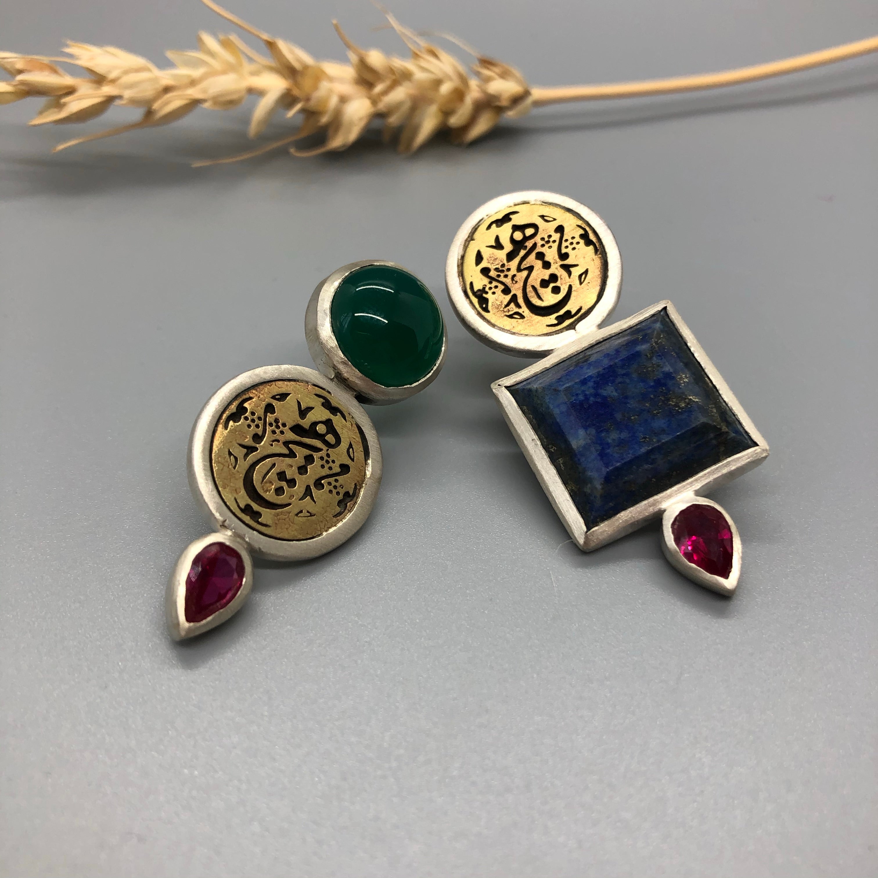 Persian Calligraphy Jewelry-Handmade Silver Earrings with Persian Calligraphy and Colorful Gemstone: Persian Jewelry-AFRA ART GALLERY