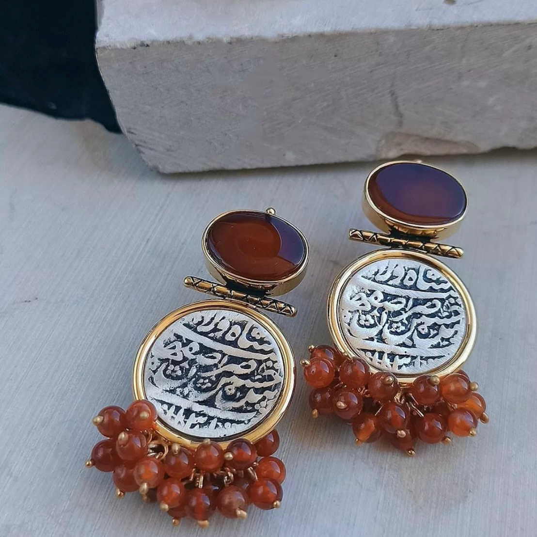 Persian Earrings-Handmade Silver Earrings with Persian Coin and Agate:Persian Jewelry-AFRA ART GALLERY